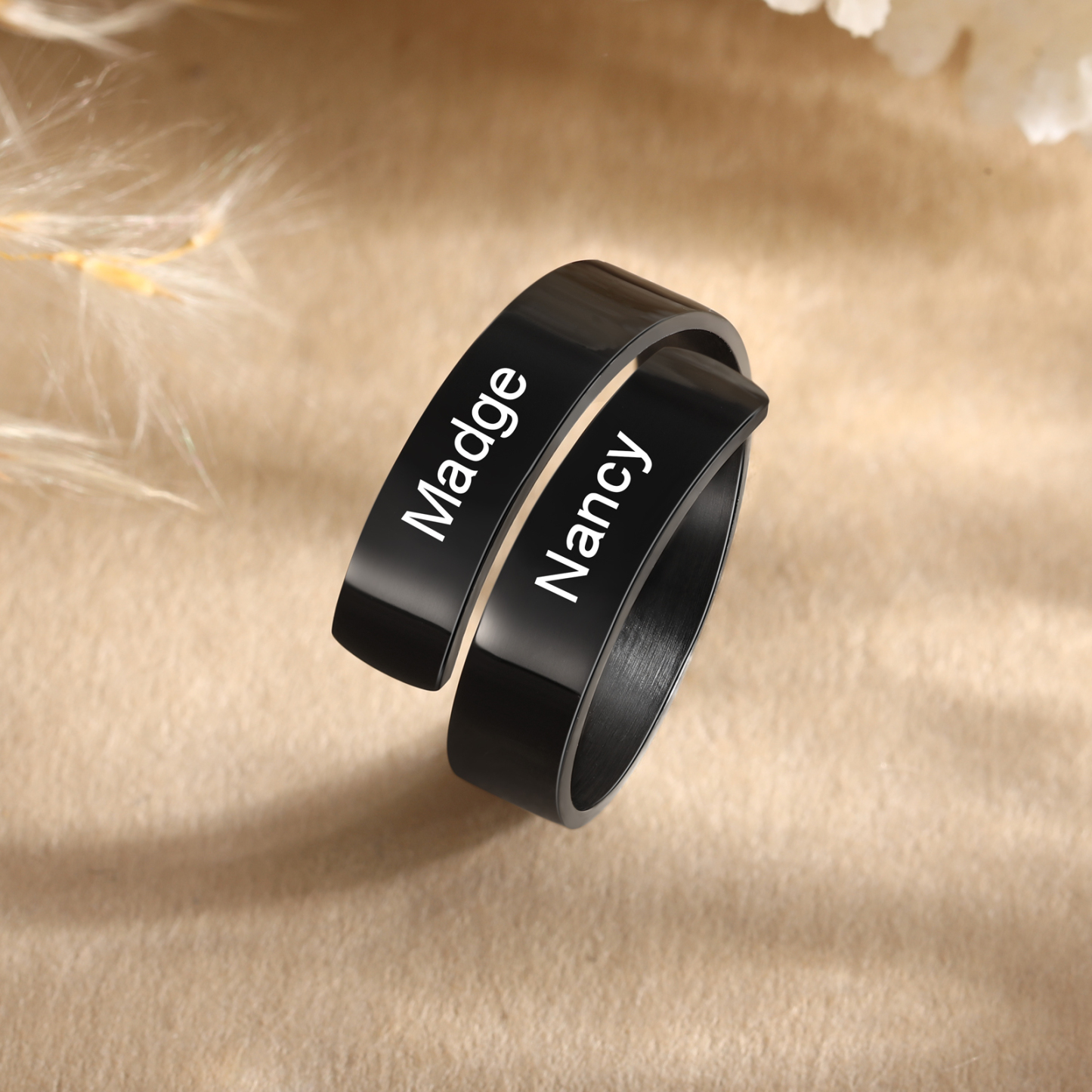 Personalized Open Ring Custom 2 Names Black Gift for Couple