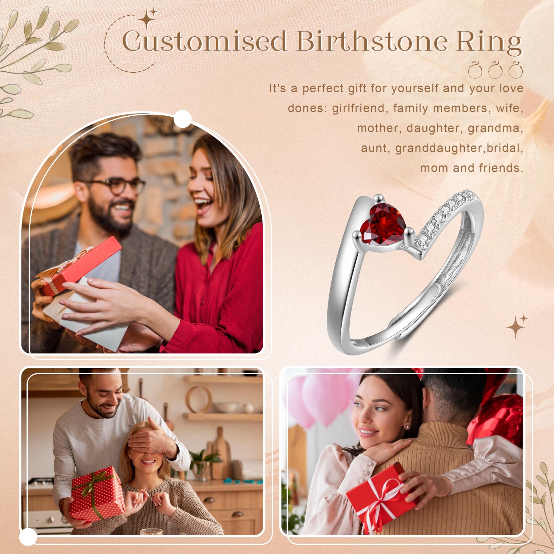 Personalized Open Ring with Custom Birthstone Elegant Valentines Day Gift for Her