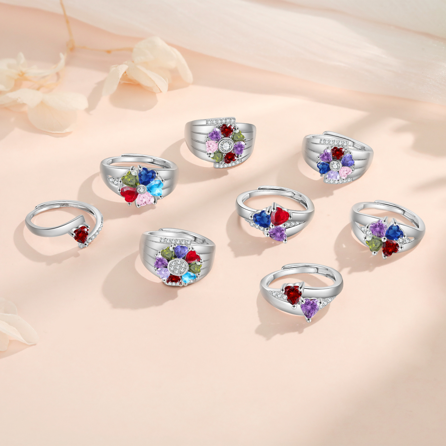 Personalized Open Ring with Custom 3 Birthstones Elegant Valentines Day Gift for Her