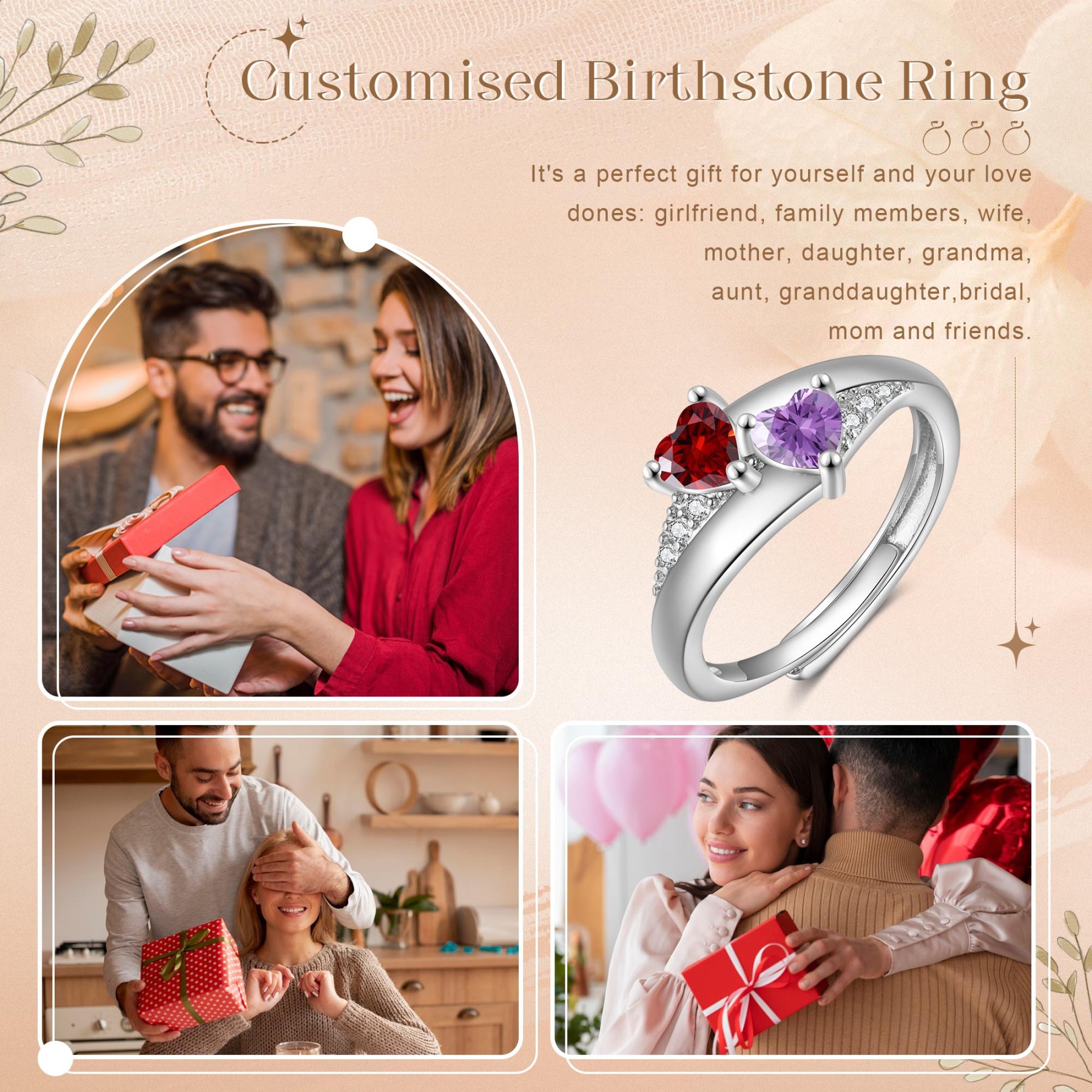 Personalized Open Ring with Custom 2 Birthstones Elegant Valentines Day Gift for Her
