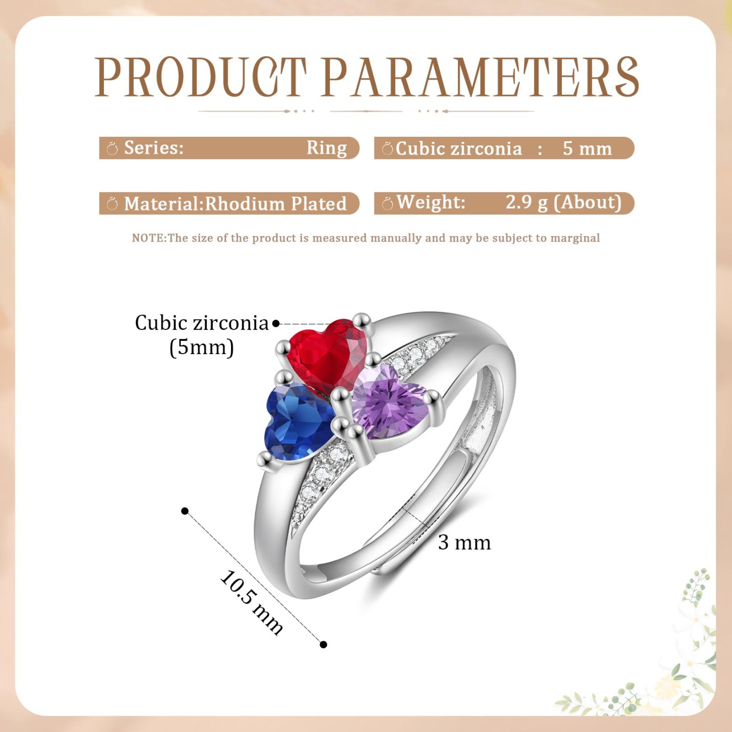 Personalized Open Ring with Custom 3 Birthstones Elegant Valentines Day Gift for Her