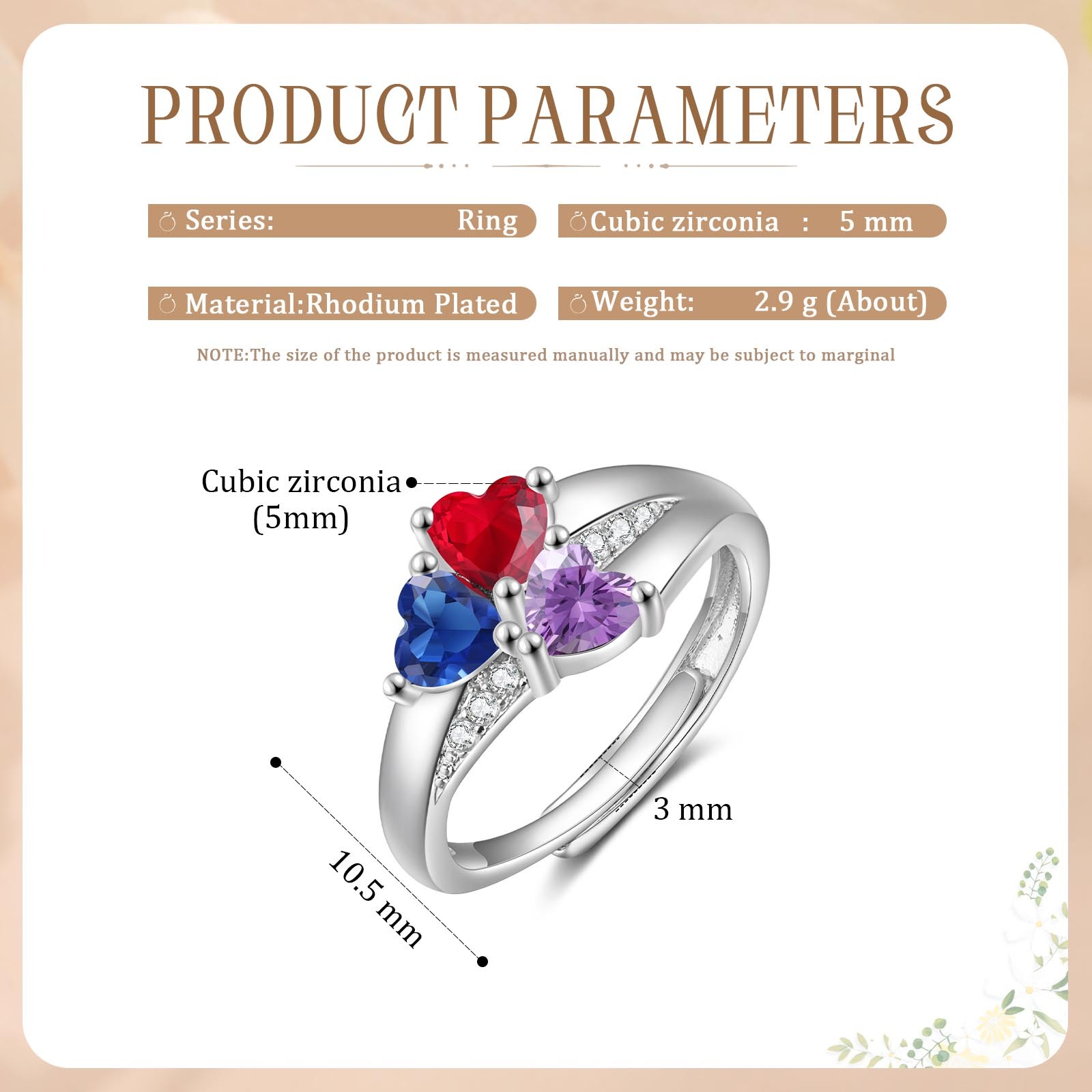 Personalized Open Ring with Custom 3 Birthstones Elegant Valentines Day Gift for Her