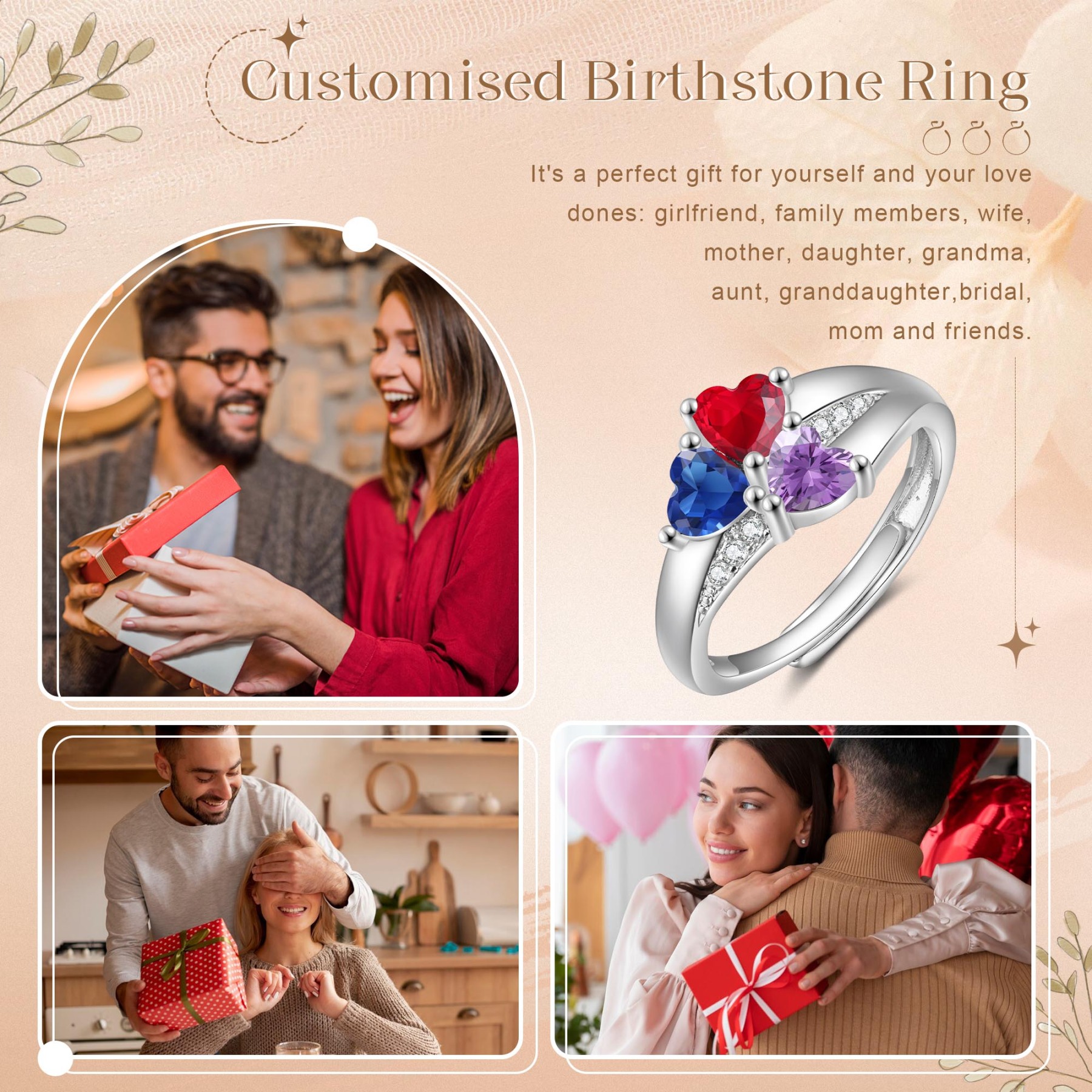 Personalized Open Ring with Custom 3 Birthstones Elegant Valentines Day Gift for Her