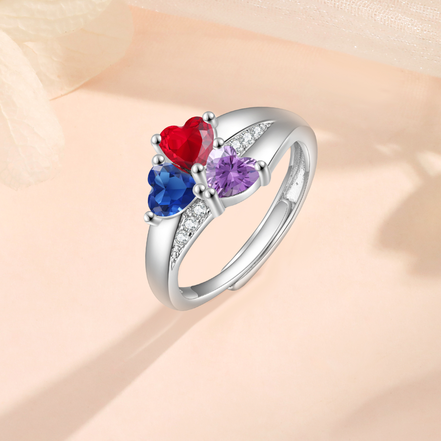 Personalized Open Ring with Custom 3 Birthstones Elegant Valentines Day Gift for Her