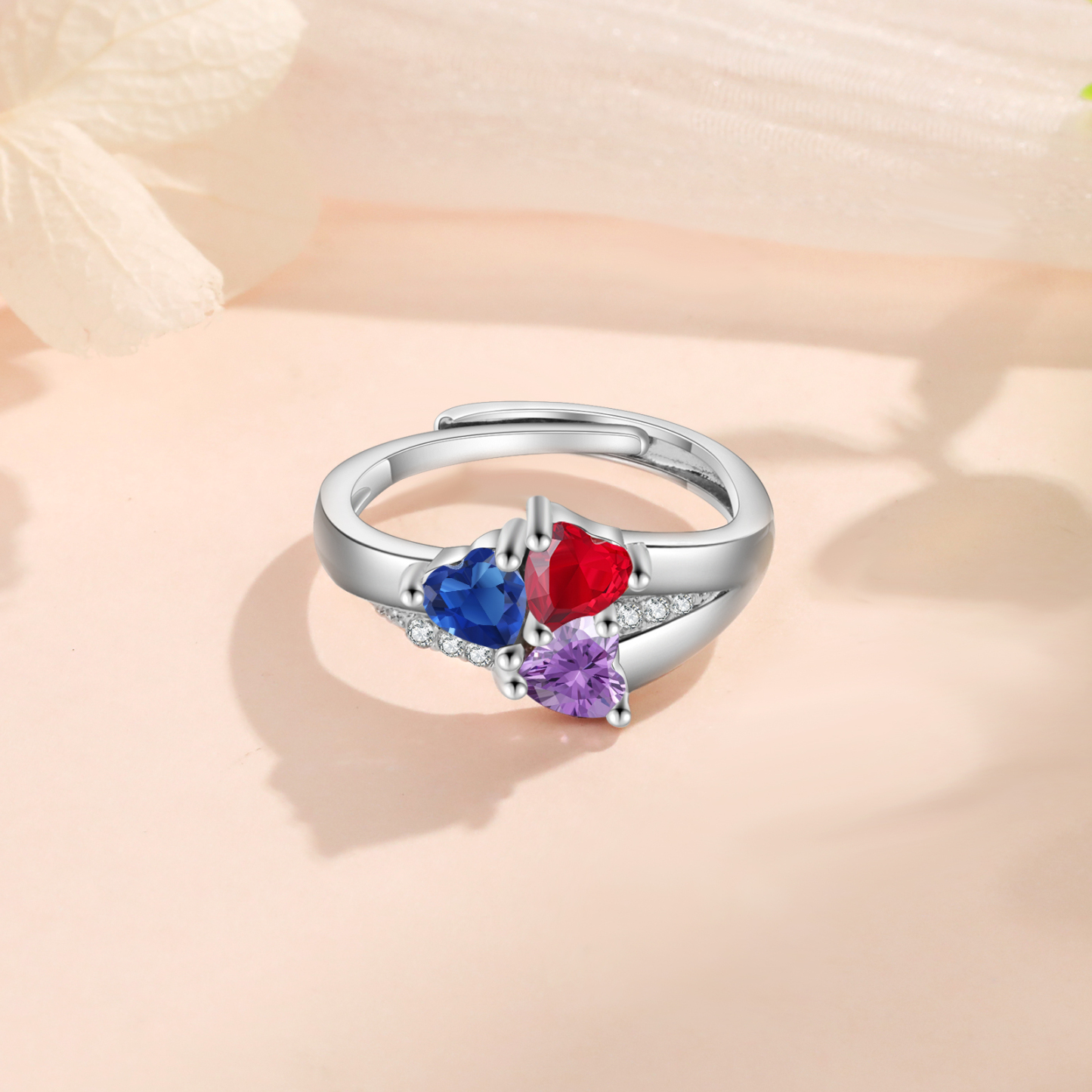 Personalized Open Ring with Custom 3 Birthstones Elegant Valentines Day Gift for Her