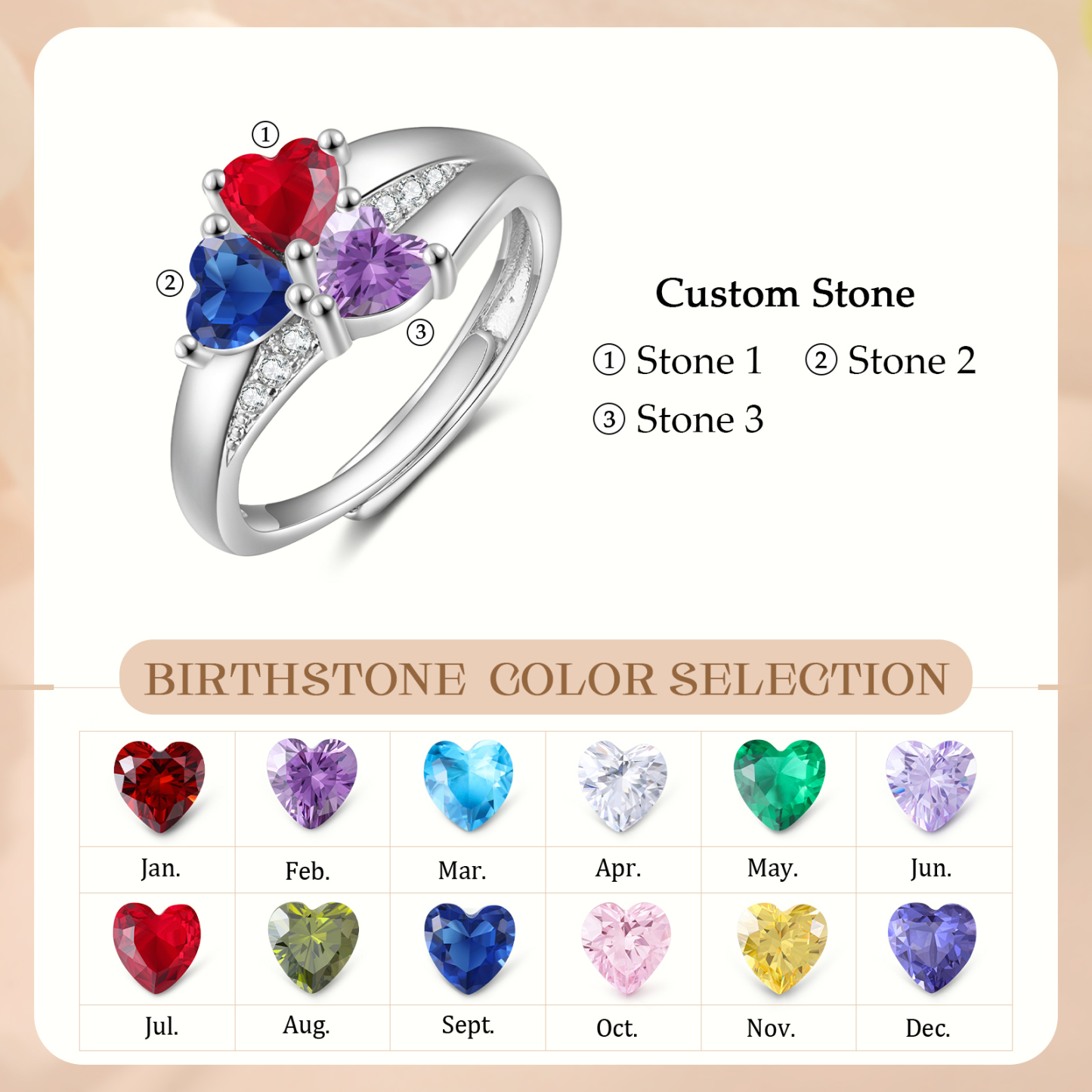 Personalized Open Ring with Custom 3 Birthstones Elegant Valentines Day Gift for Her