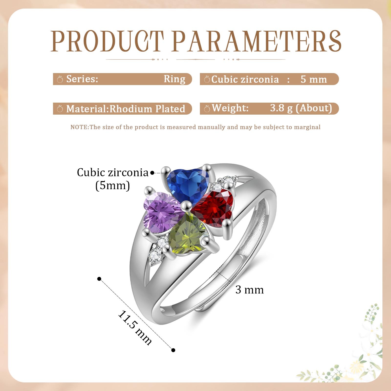 Personalized Open Ring with Custom 4 Birthstones Elegant Valentines Day Gift for Her