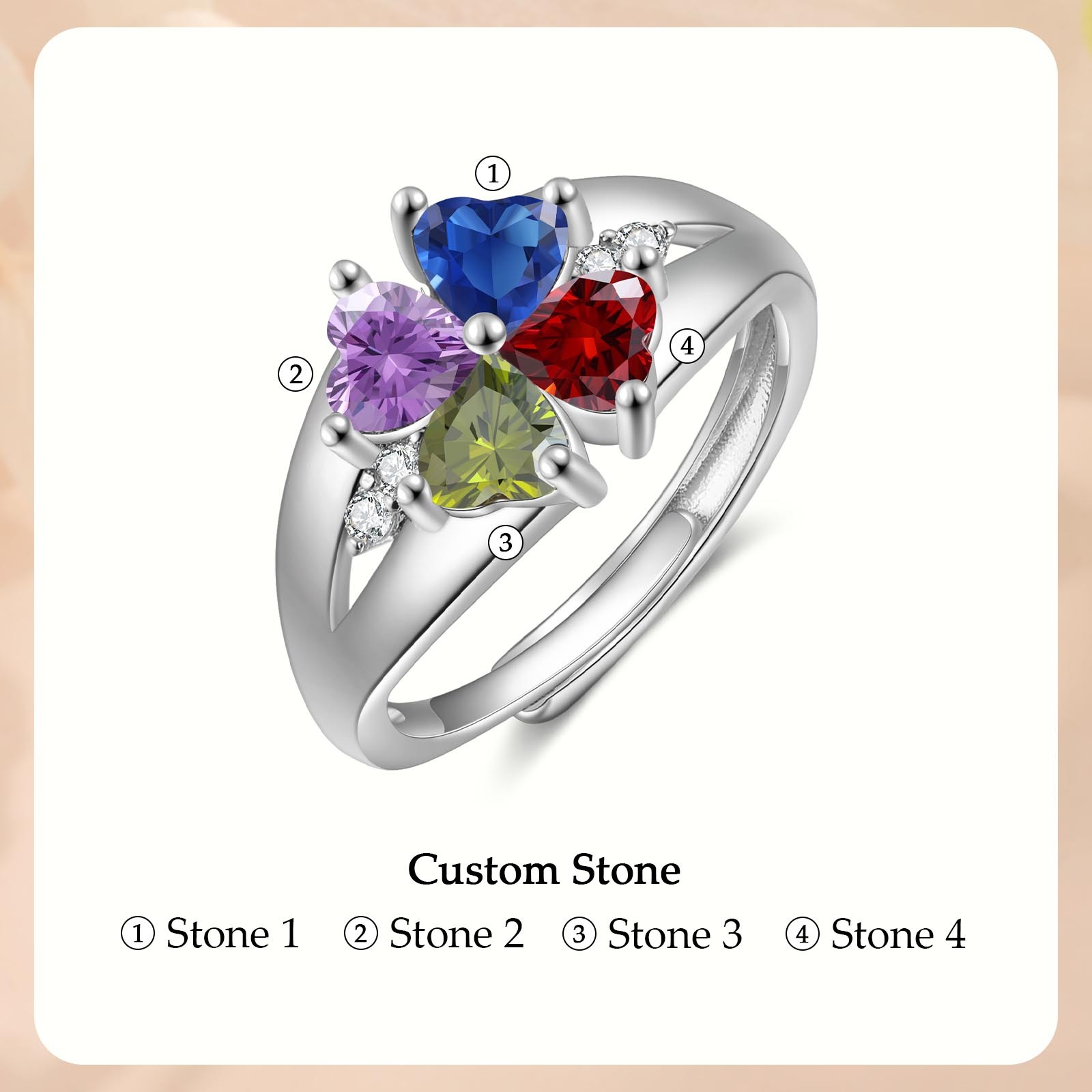 Personalized Open Ring with Custom 4 Birthstones Elegant Valentines Day Gift for Her