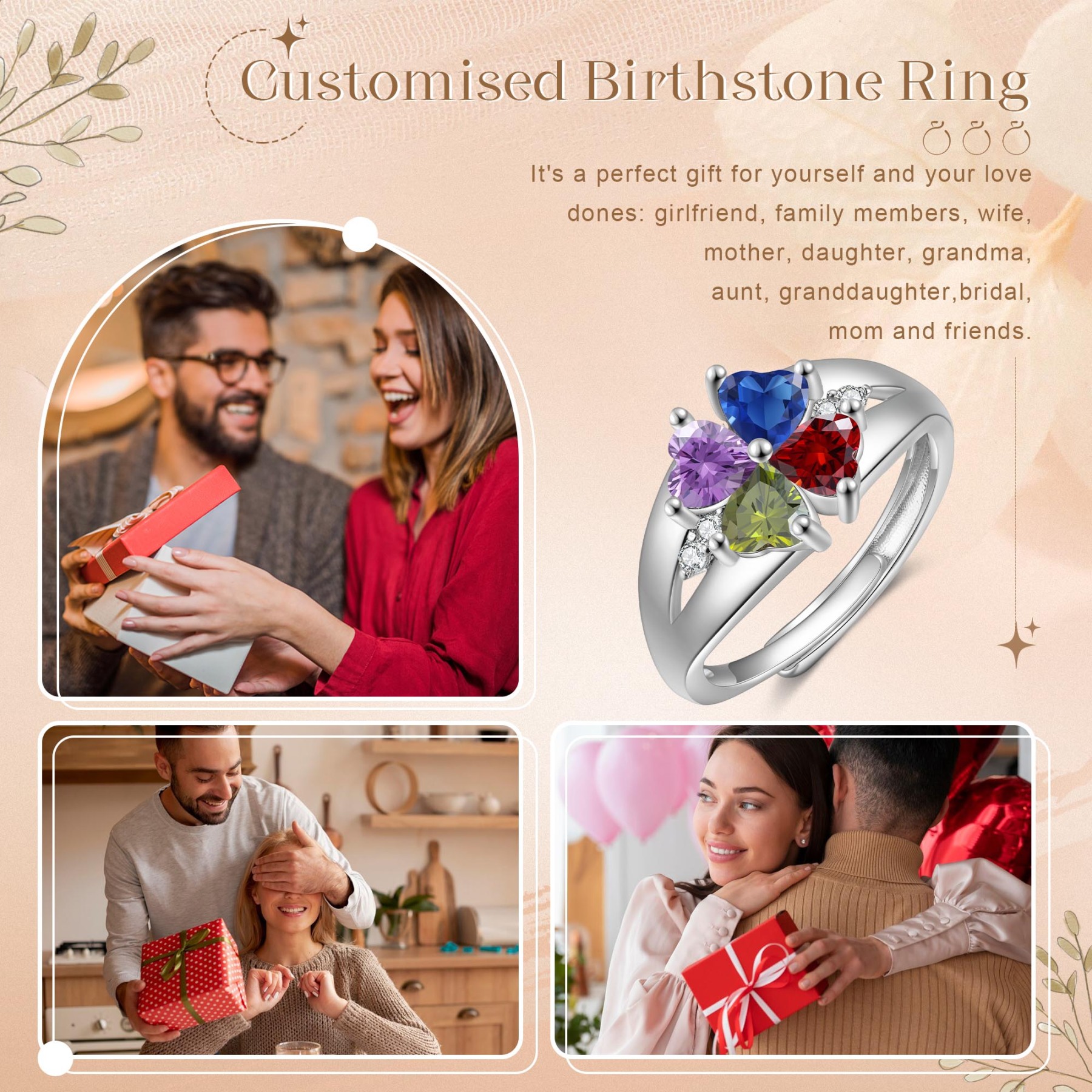 Personalized Open Ring with Custom 4 Birthstones Elegant Valentines Day Gift for Her