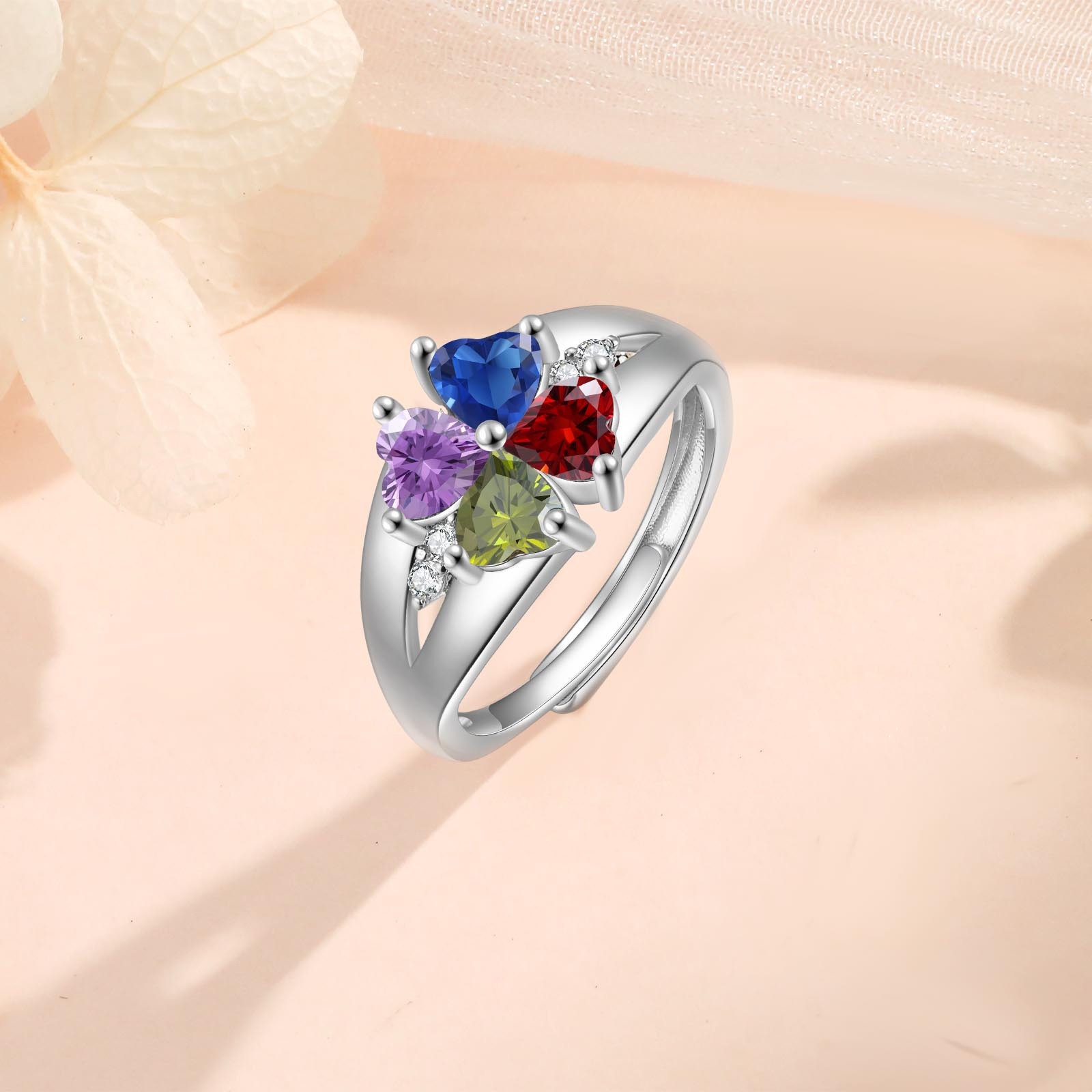 Personalized Open Ring with Custom 4 Birthstones Elegant Valentines Day Gift for Her