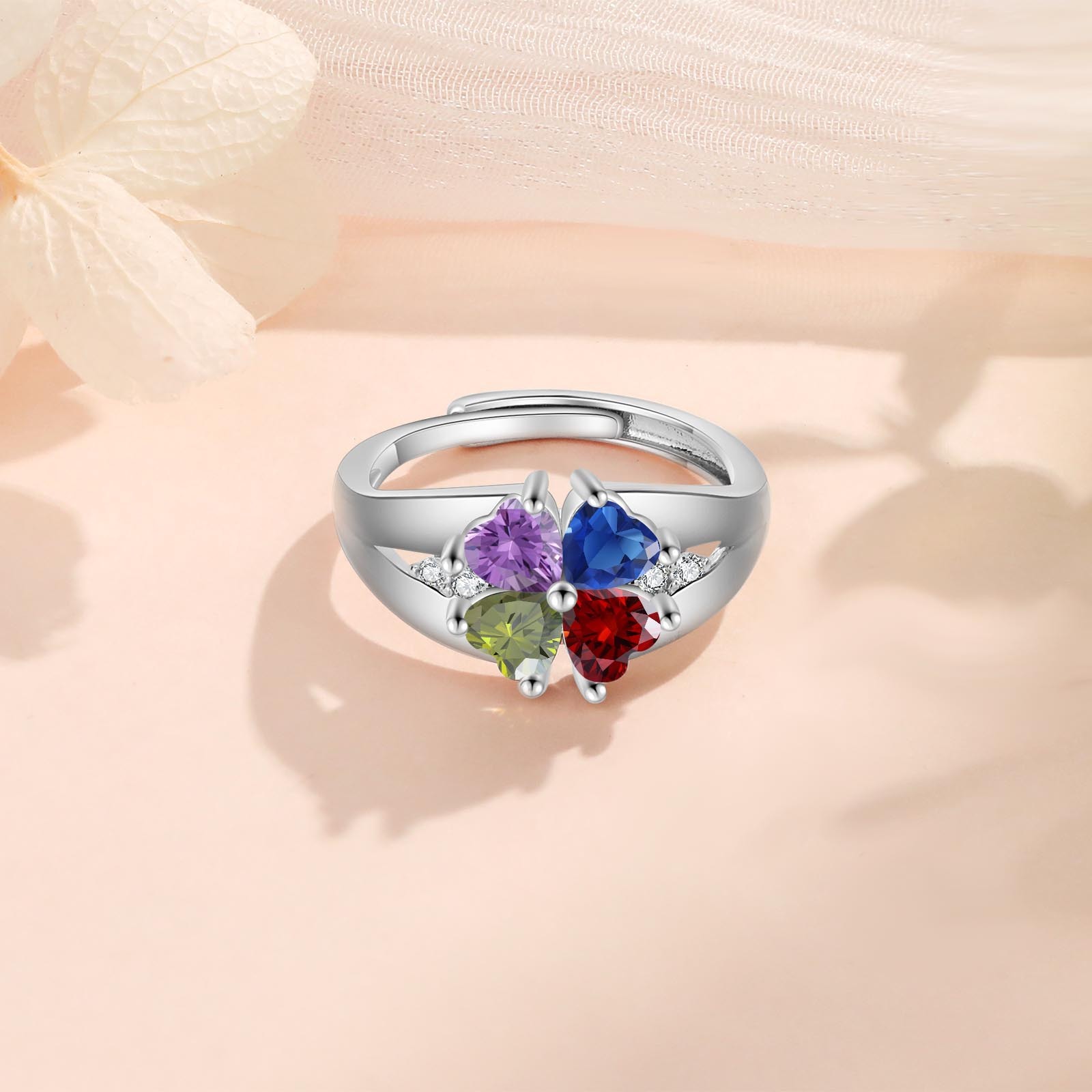 Personalized Open Ring with Custom 4 Birthstones Elegant Valentines Day Gift for Her