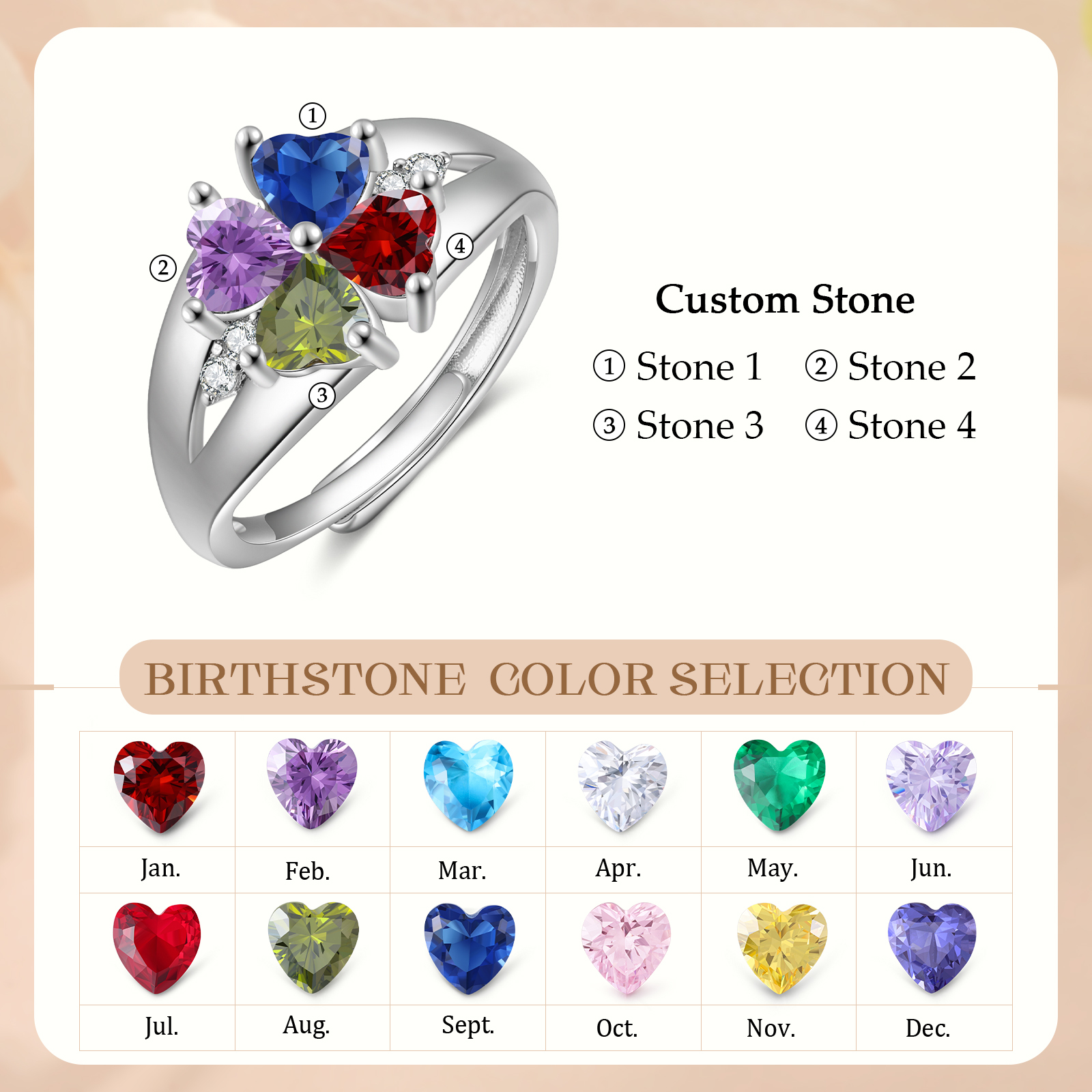 Personalized Open Ring with Custom 4 Birthstones Elegant Valentines Day Gift for Her