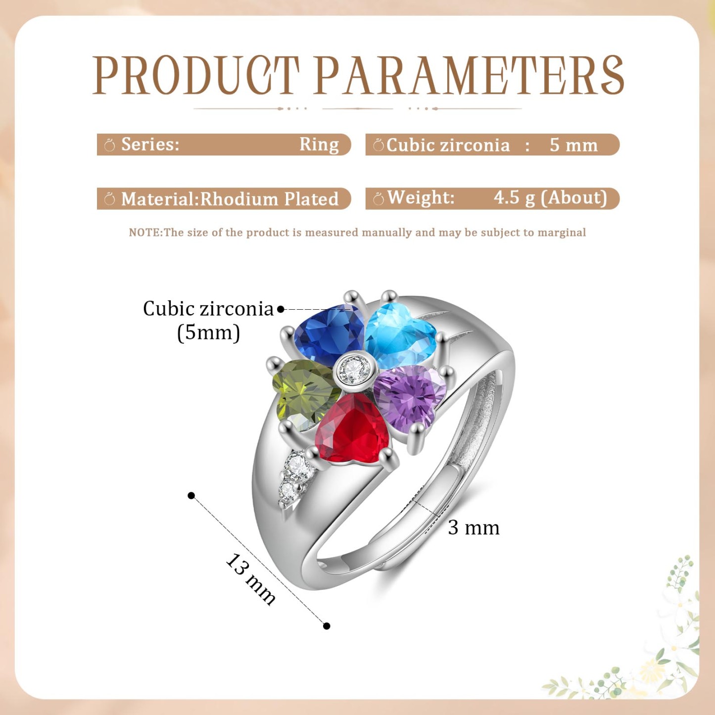 Personalized Open Ring with Custom 5 Birthstones Elegant Valentines Day Gift for Her