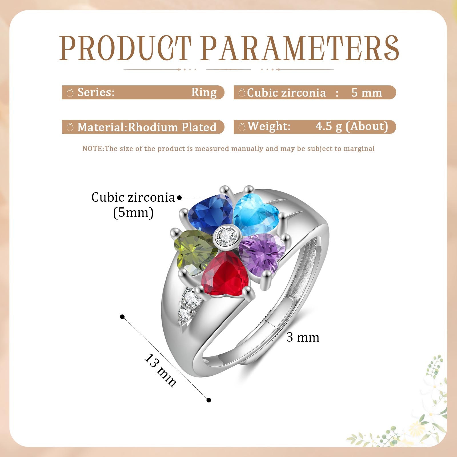 Personalized Open Ring with Custom 5 Birthstones Elegant Valentines Day Gift for Her