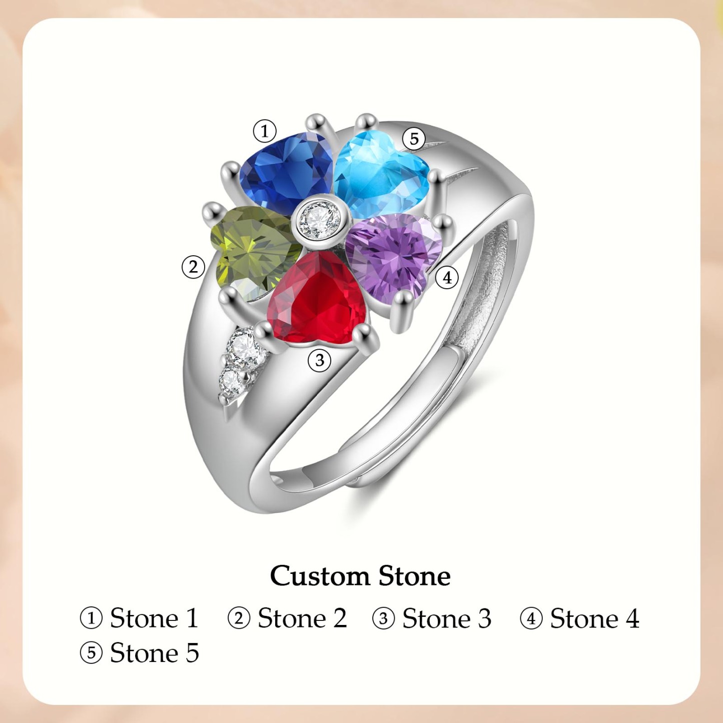 Personalized Open Ring with Custom 5 Birthstones Elegant Valentines Day Gift for Her