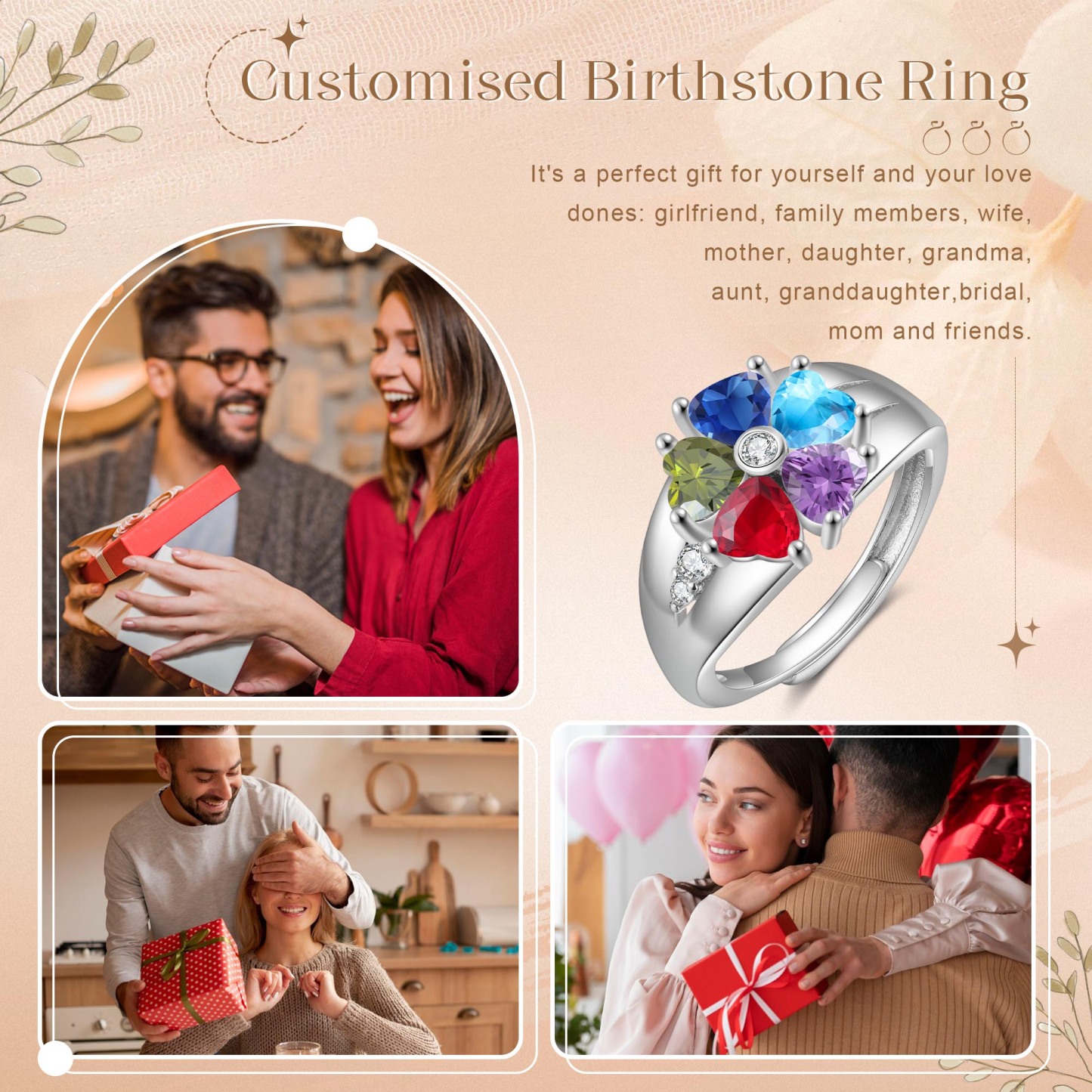 Personalized Open Ring with Custom 5 Birthstones Elegant Valentines Day Gift for Her