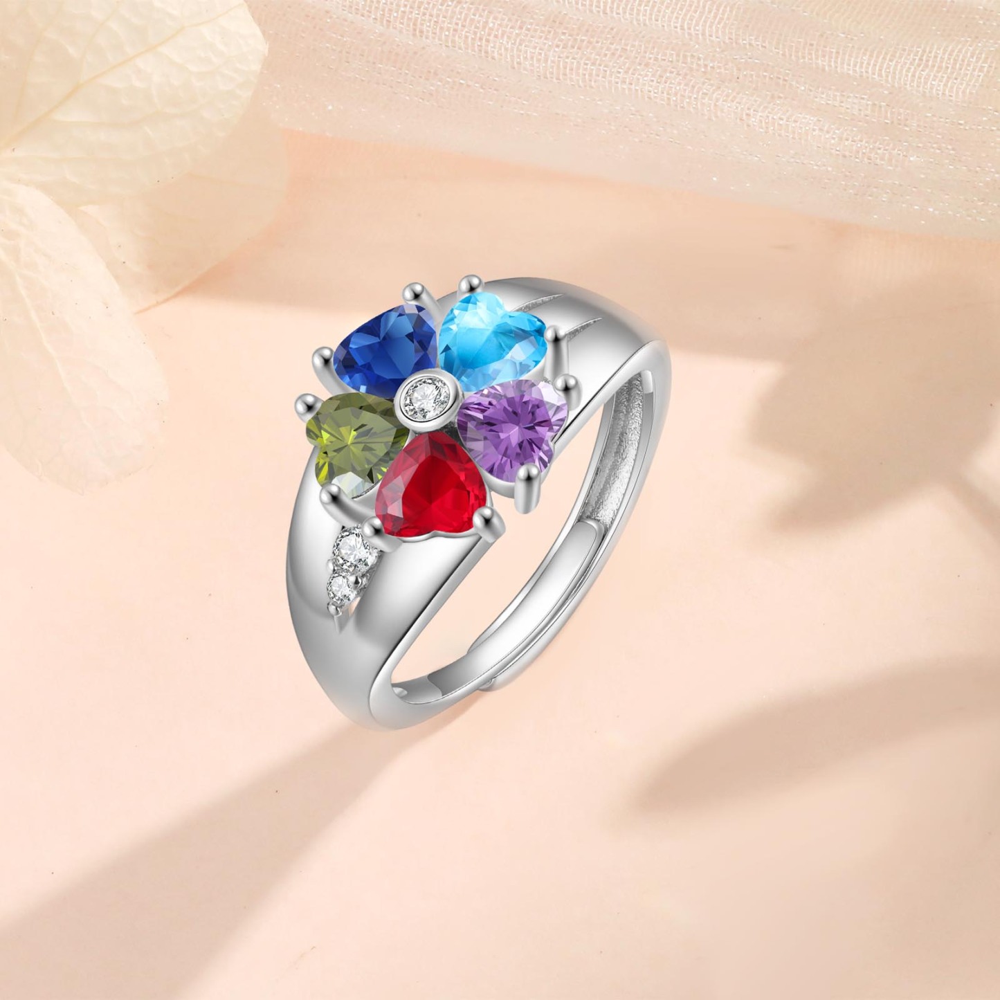 Personalized Open Ring with Custom 5 Birthstones Elegant Valentines Day Gift for Her