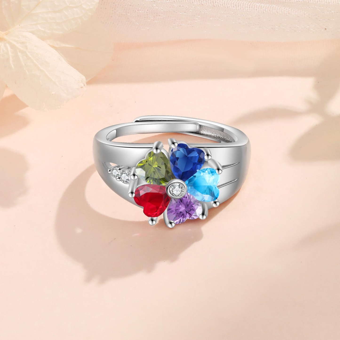 Personalized Open Ring with Custom 5 Birthstones Elegant Valentines Day Gift for Her