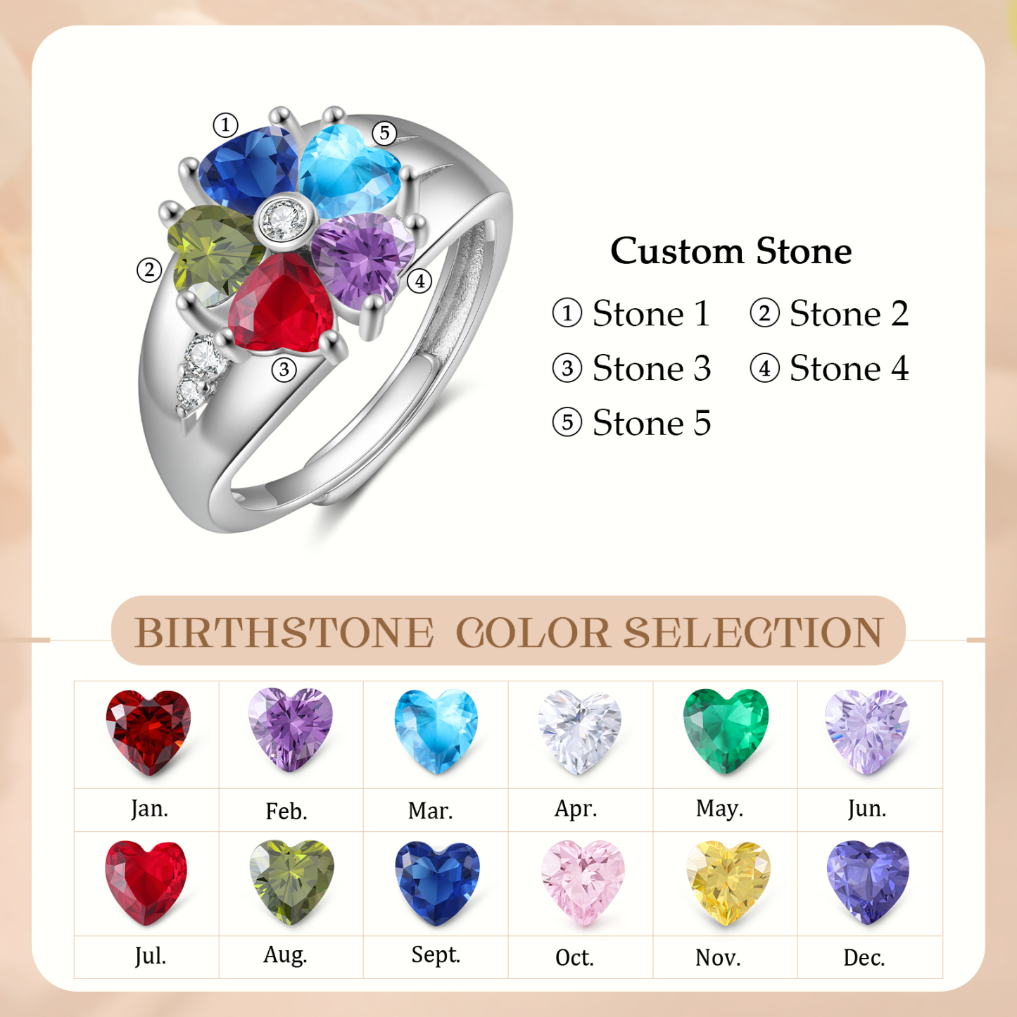 Personalized Open Ring with Custom 5 Birthstones Elegant Valentines Day Gift for Her