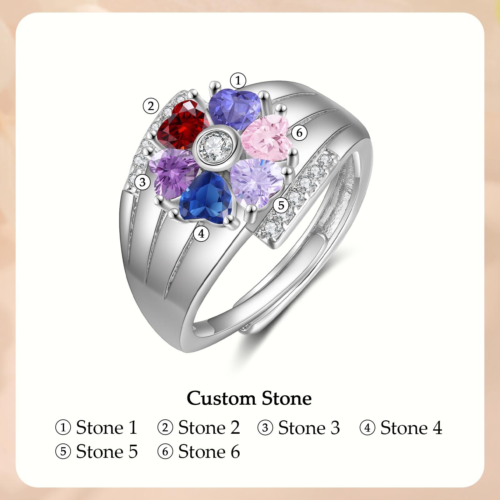 Personalized Open Ring with Custom 6 Birthstones Elegant Valentines Day Gift for Her
