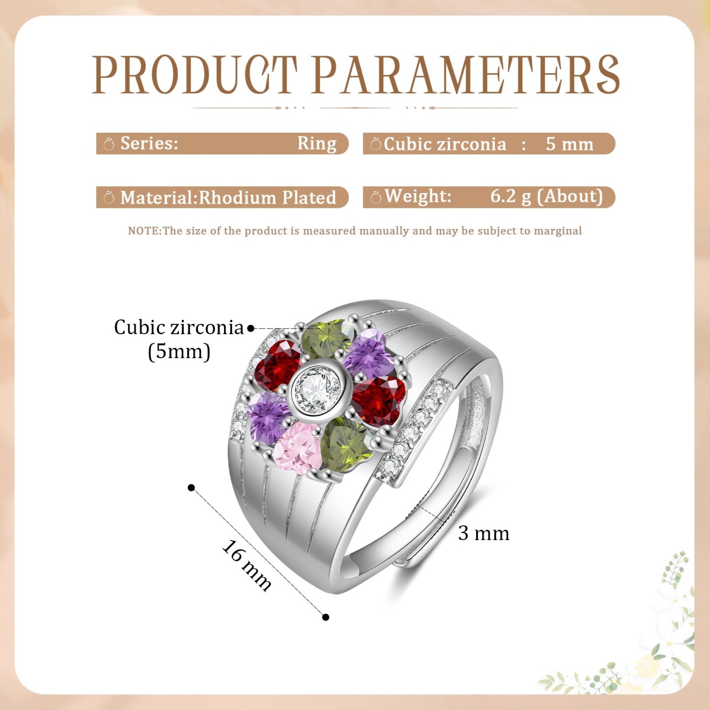 Personalized Open Ring with Custom 7 Birthstones Elegant Valentines Day Gift for Her