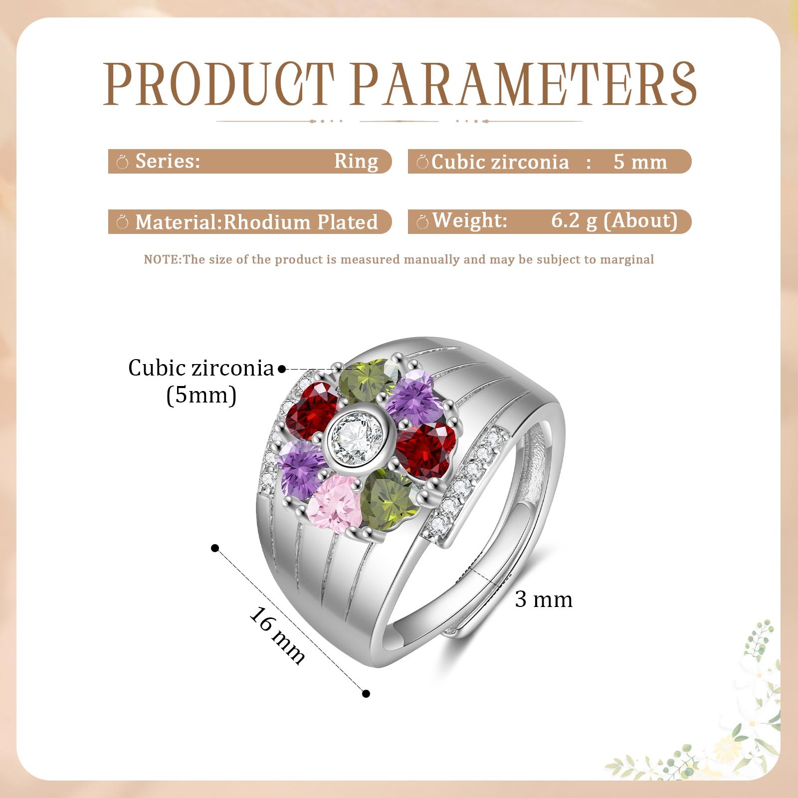 Personalized Open Ring with Custom 7 Birthstones Elegant Valentines Day Gift for Her