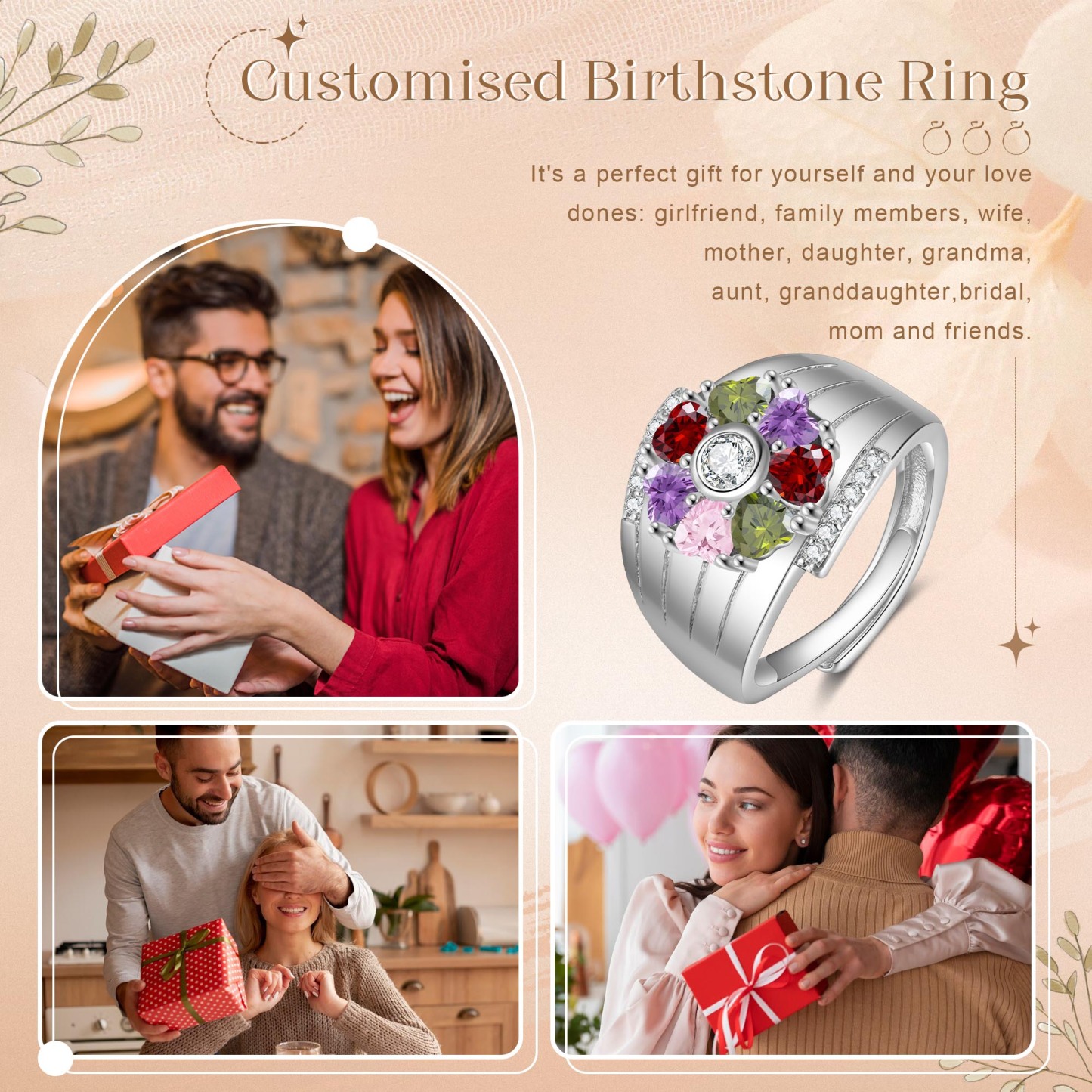 Personalized Open Ring with Custom 7 Birthstones Elegant Valentines Day Gift for Her
