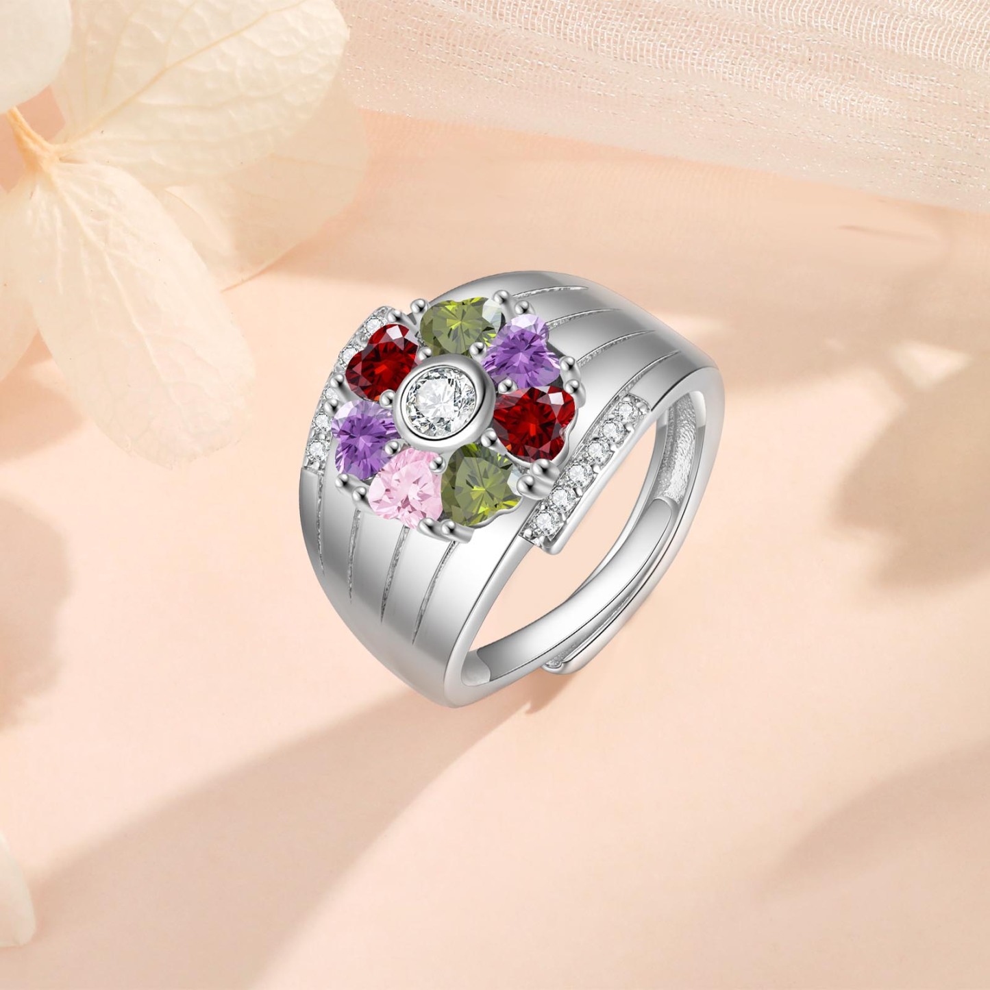 Personalized Open Ring with Custom 7 Birthstones Elegant Valentines Day Gift for Her
