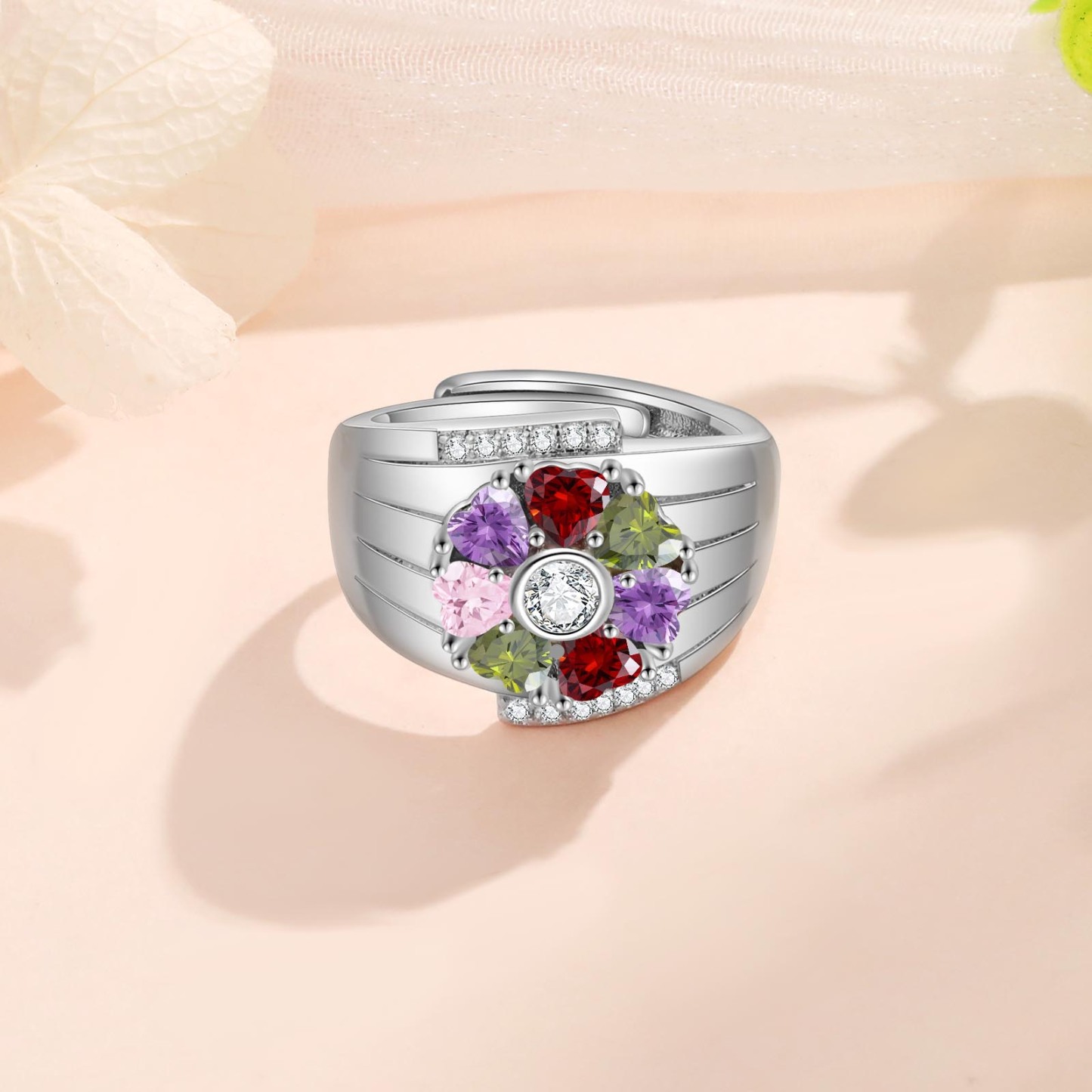 Personalized Open Ring with Custom 7 Birthstones Elegant Valentines Day Gift for Her