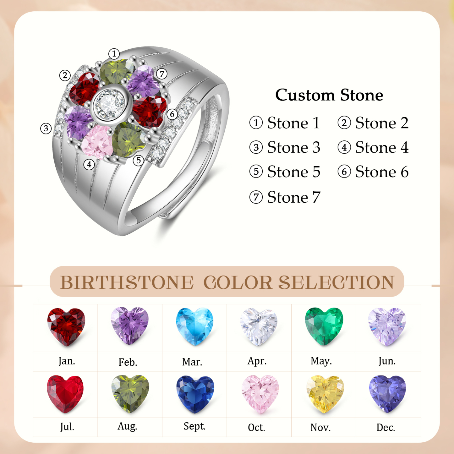 Personalized Open Ring with Custom 7 Birthstones Elegant Valentines Day Gift for Her
