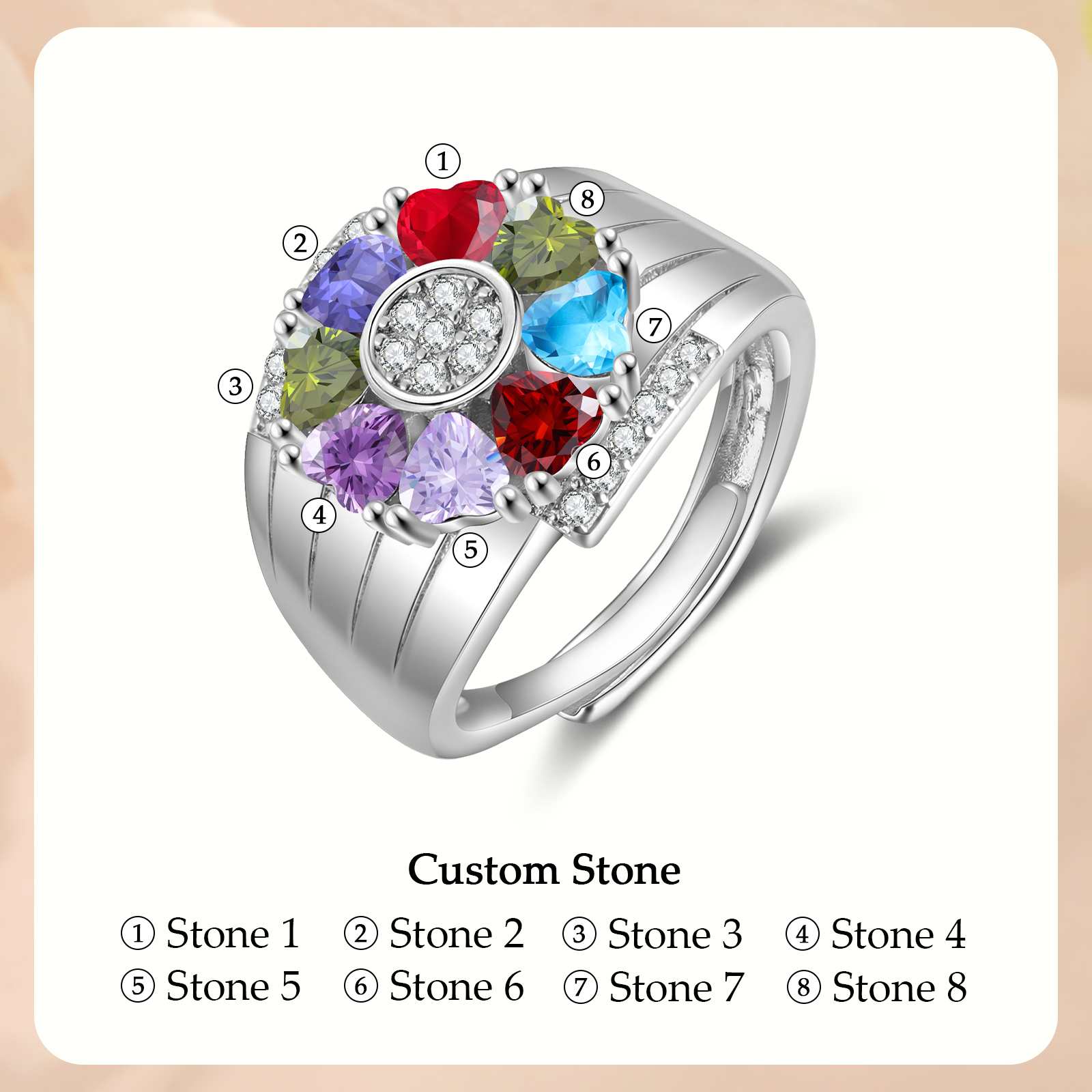 Personalized Open Ring with Custom 8 Birthstones Elegant Valentines Day Gift for Her