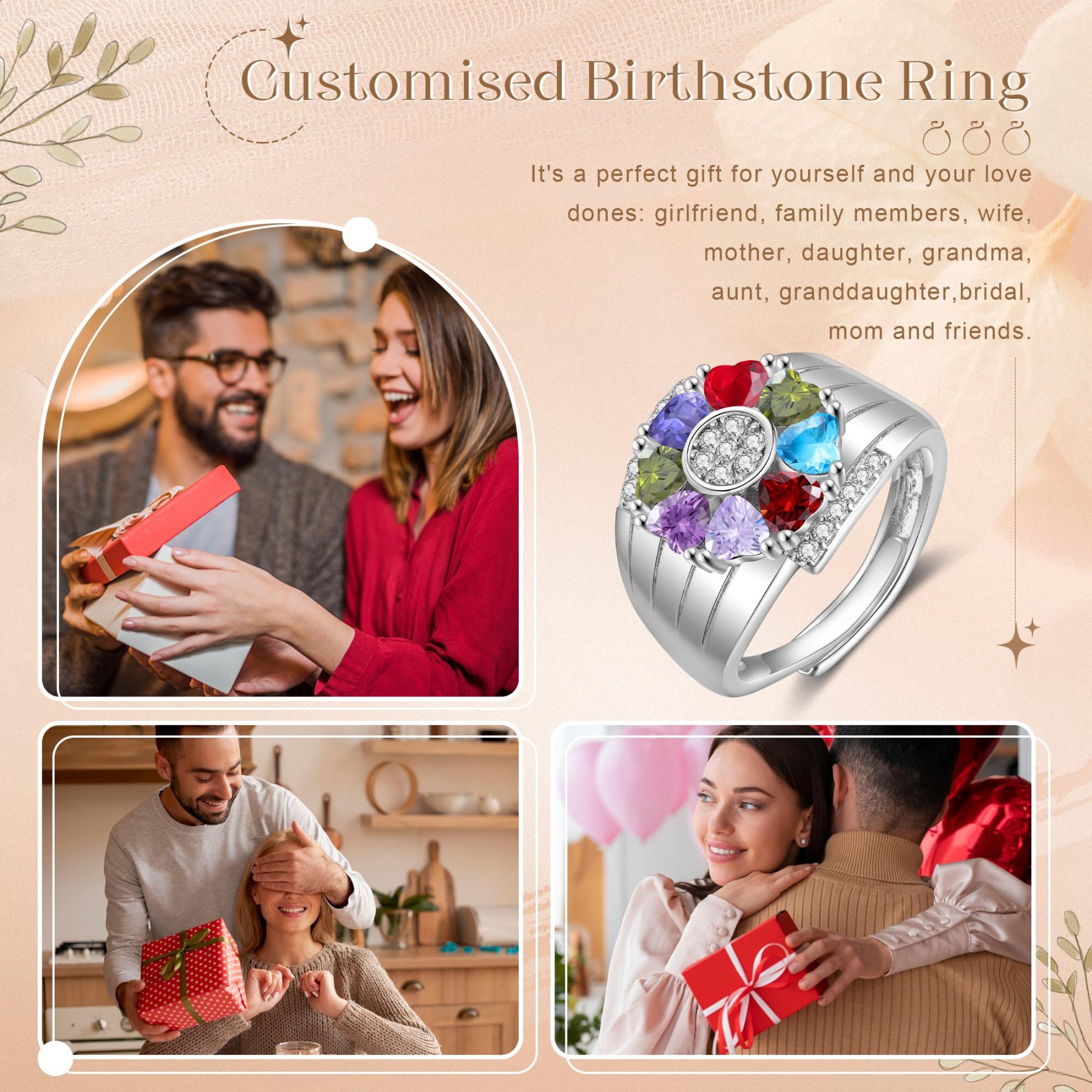 Personalized Open Ring with Custom 8 Birthstones Elegant Valentines Day Gift for Her