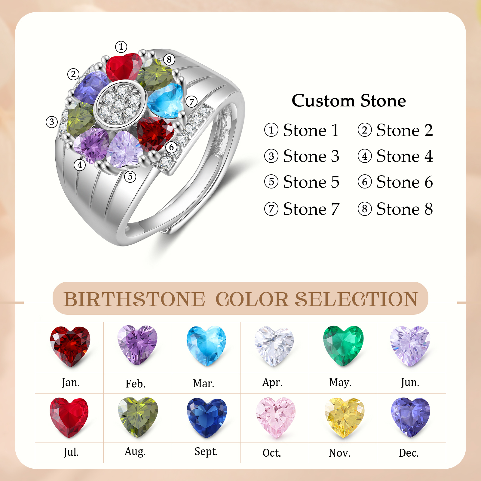 Personalized Open Ring with Custom 8 Birthstones Elegant Valentines Day Gift for Her