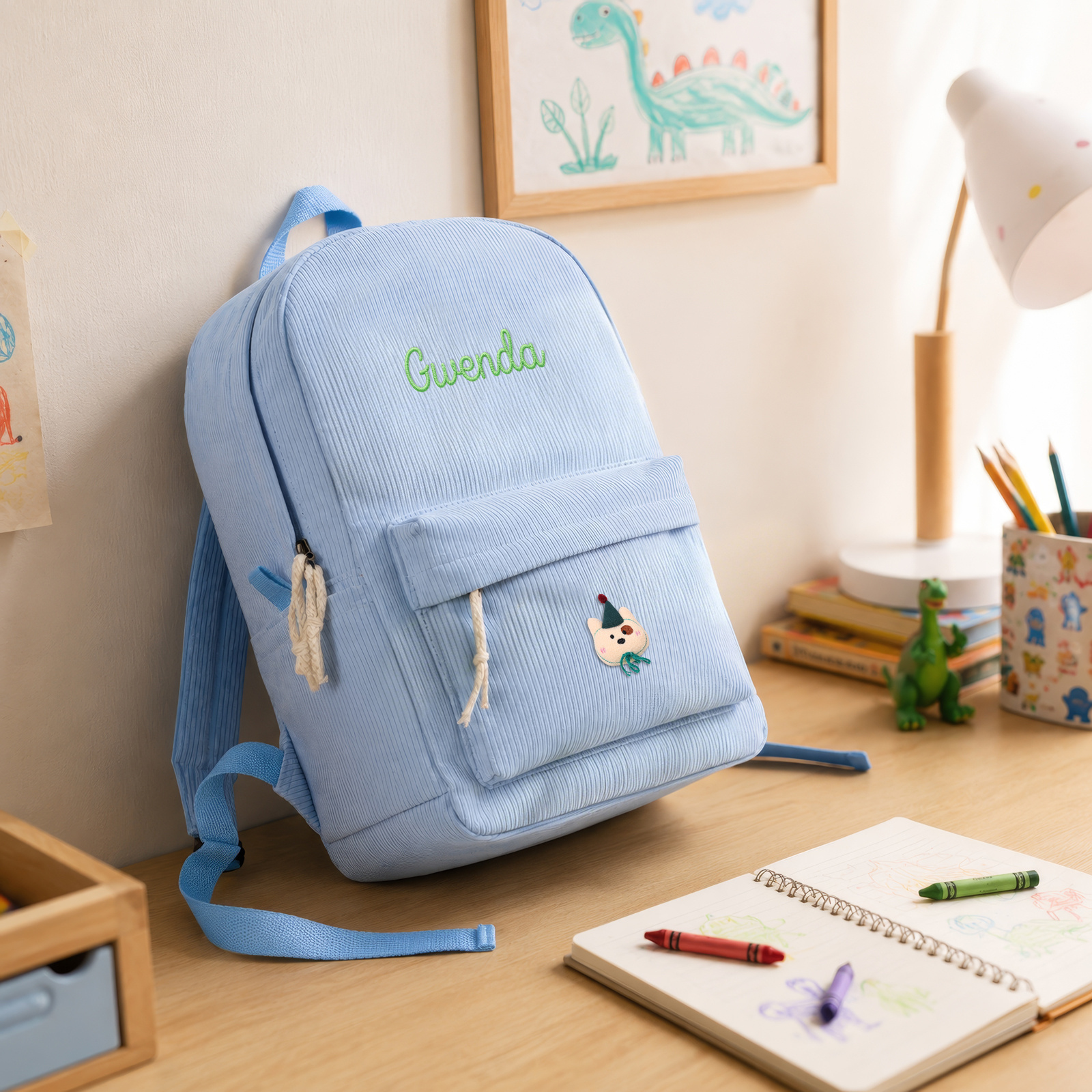 Personalized Corduroy Kids Backpack with Embroidered Name and Cute Patch School Bag for Children