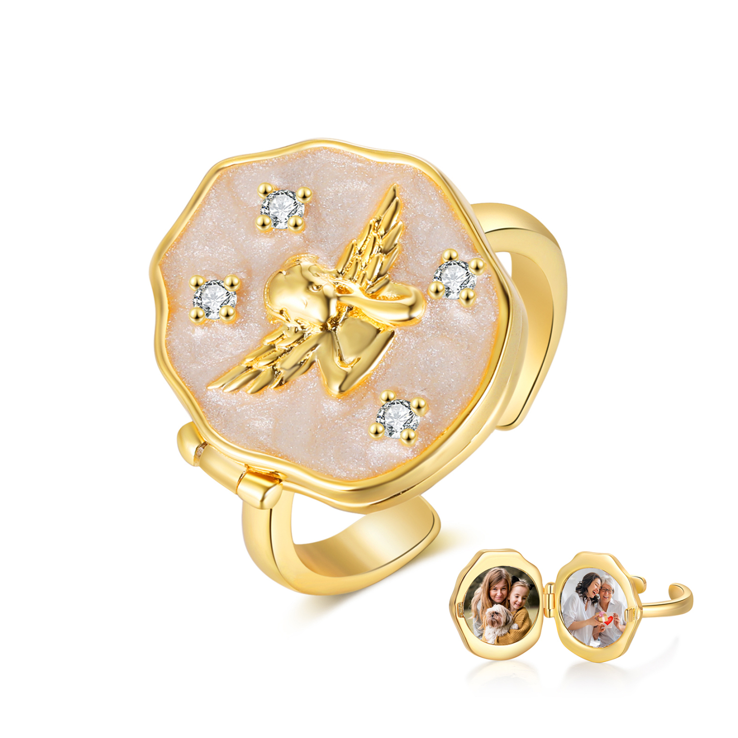 Personalized Angel CZ Photo Locket Adjustable Ring