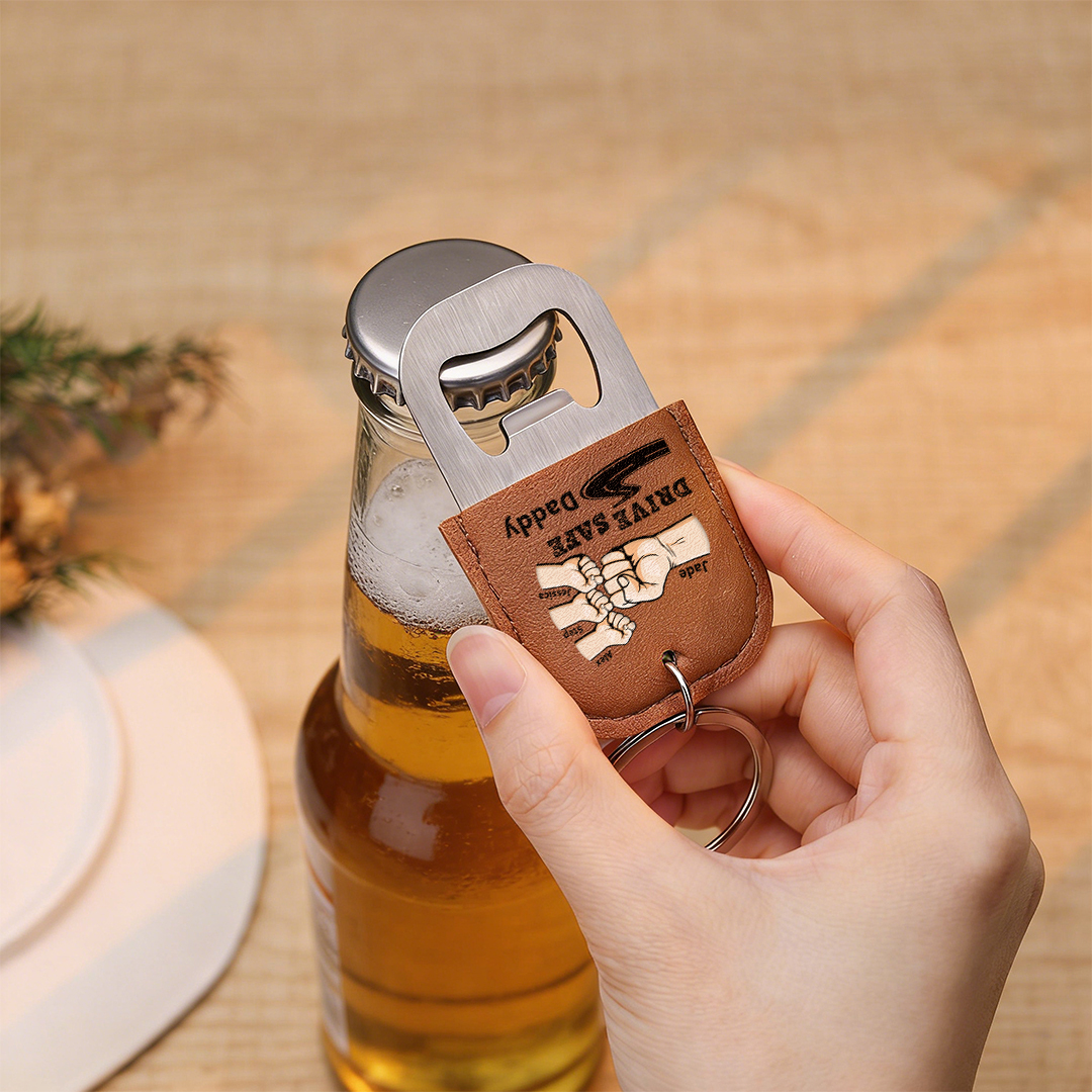 Personalized Leather Keyring with Bottle Opener for Dad, Drive Carefully