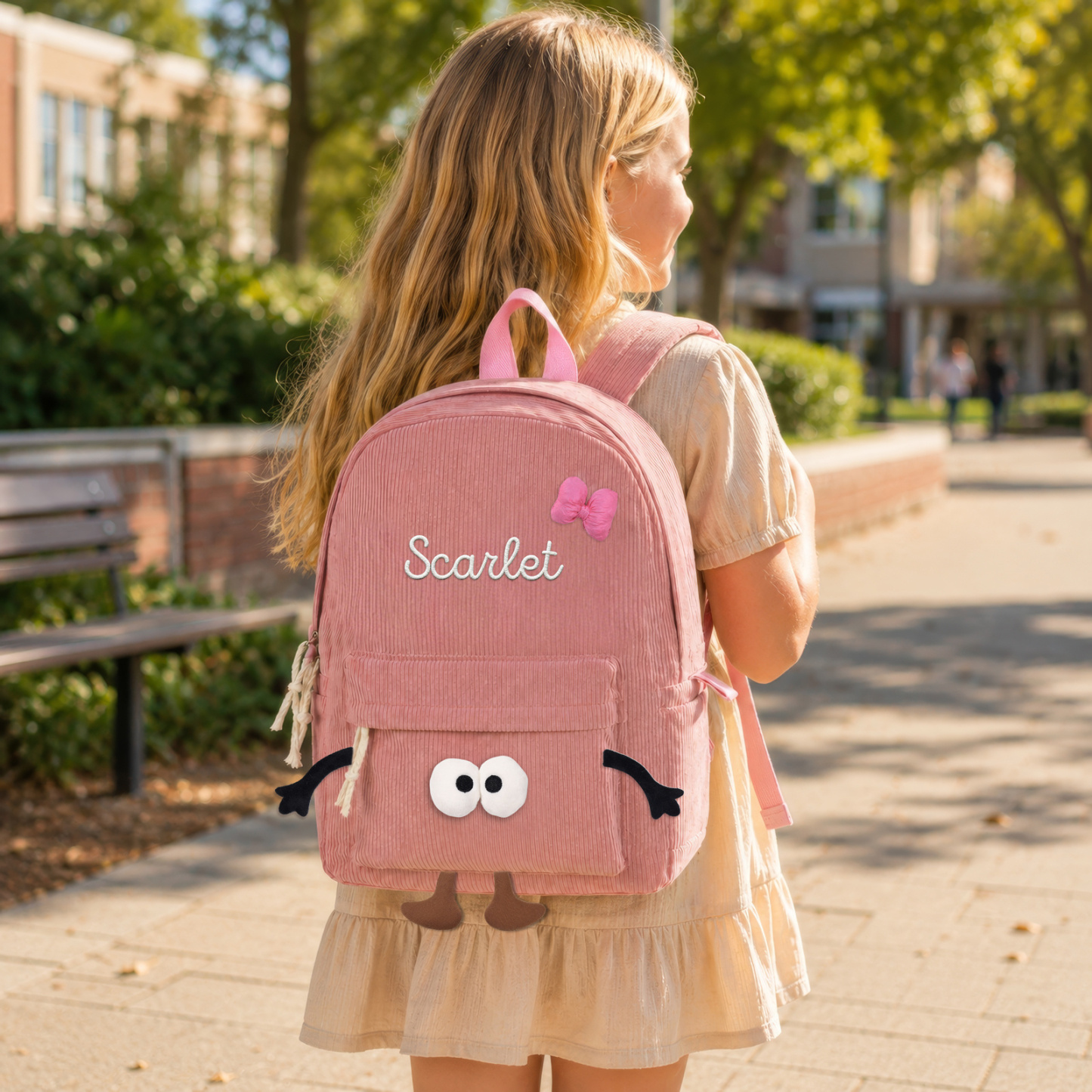 Personalized Corduroy Toddler Backpack with Embroidered Name, Cute Eyes, and Bow School Bag