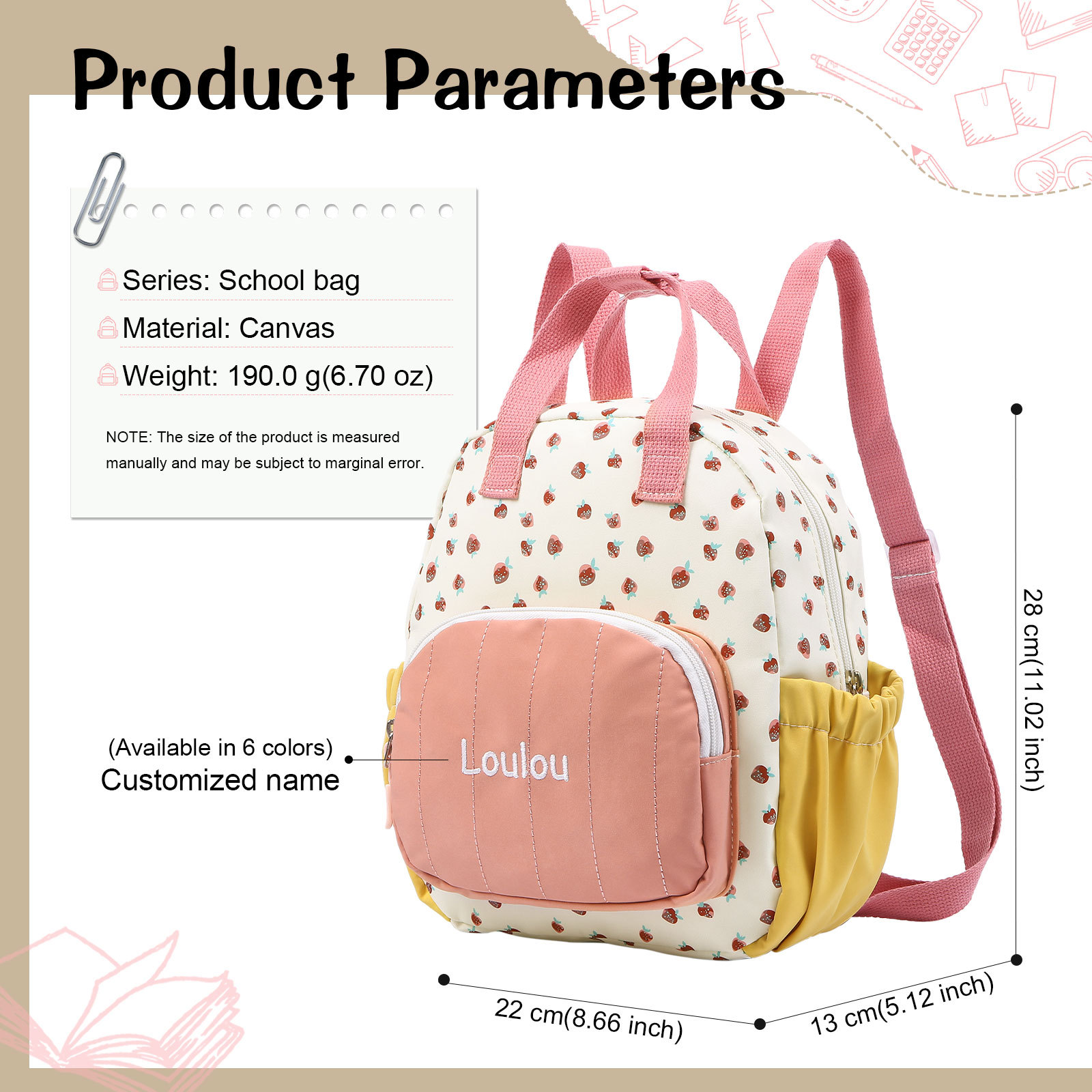 Personalized Kids' Backpack Embroidered with 1 Name Strawberry Print Practical and Heartfelt Gift for Girls