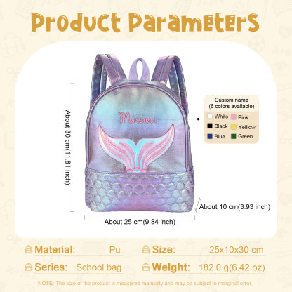 Personalized Embroidery Name Girls Holographic Quilted Pattern Fish Tail Decor Classic Backpack Gift for Kids