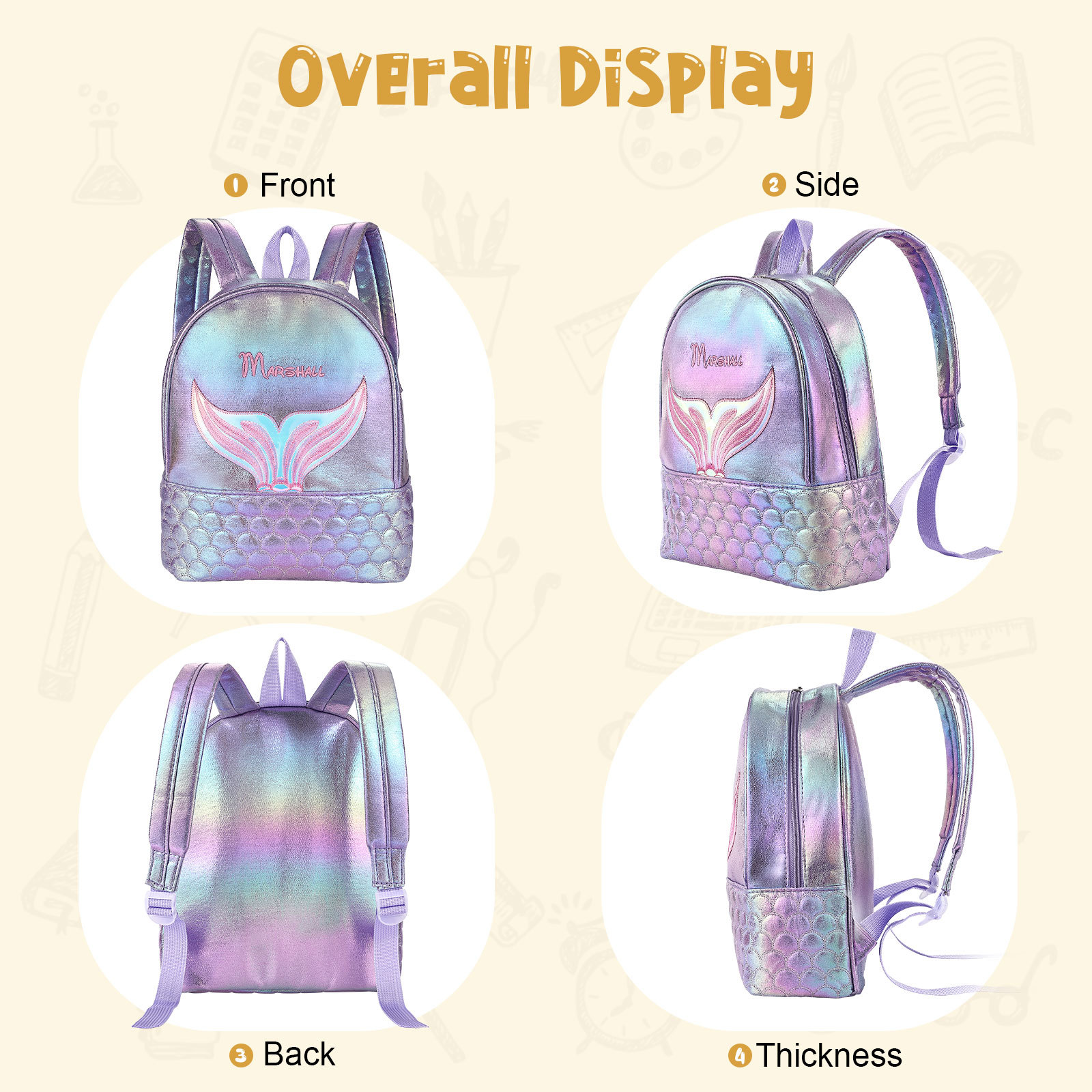 Personalized Embroidery Name Girls Holographic Quilted Pattern Fish Tail Decor Classic Backpack Gift for Kids