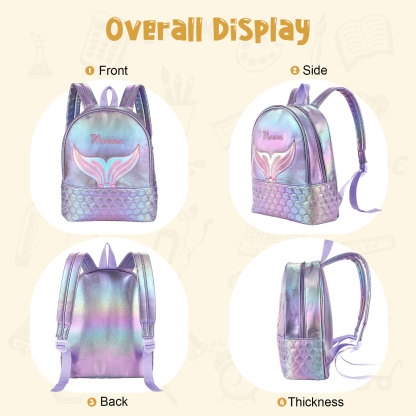 Personalized Embroidery Name Girls Holographic Quilted Pattern Fish Tail Decor Classic Backpack Gift for Kids