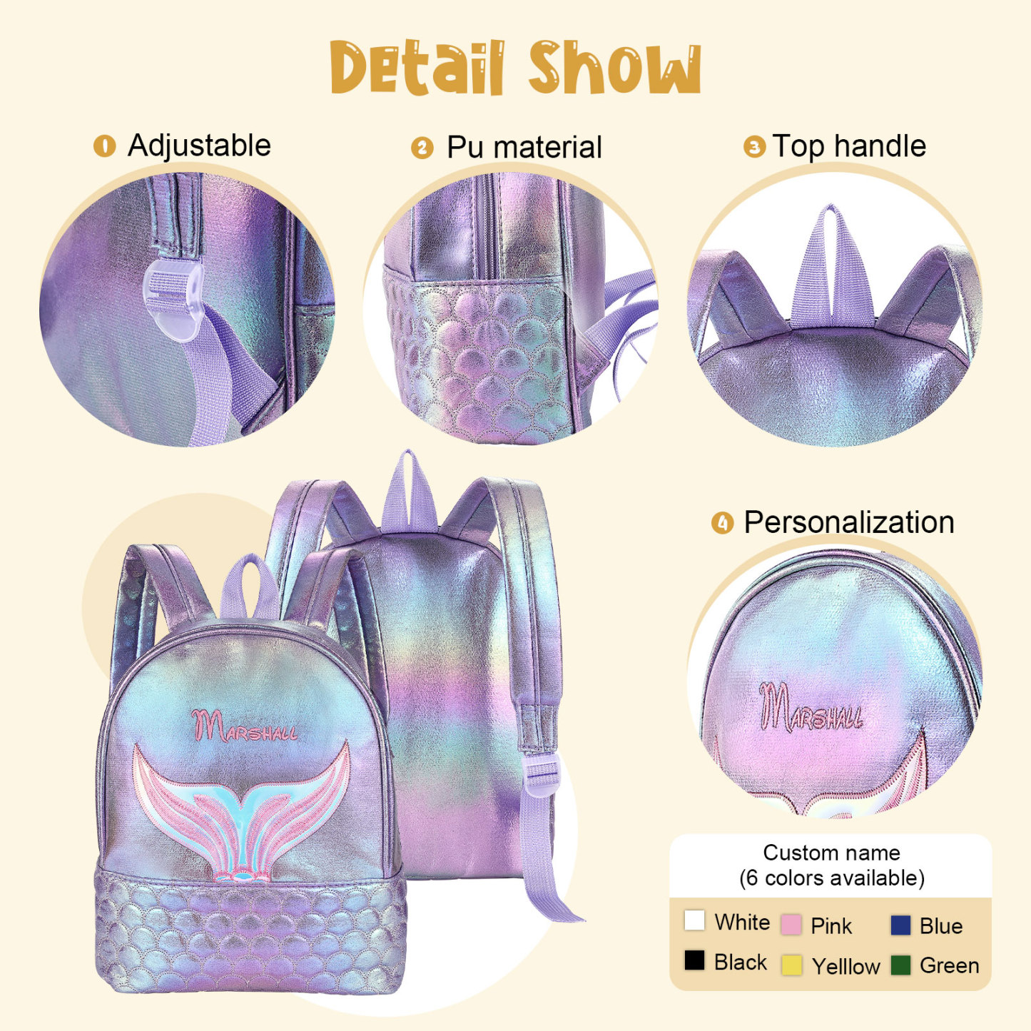 Personalized Embroidery Name Girls Holographic Quilted Pattern Fish Tail Decor Classic Backpack Gift for Kids