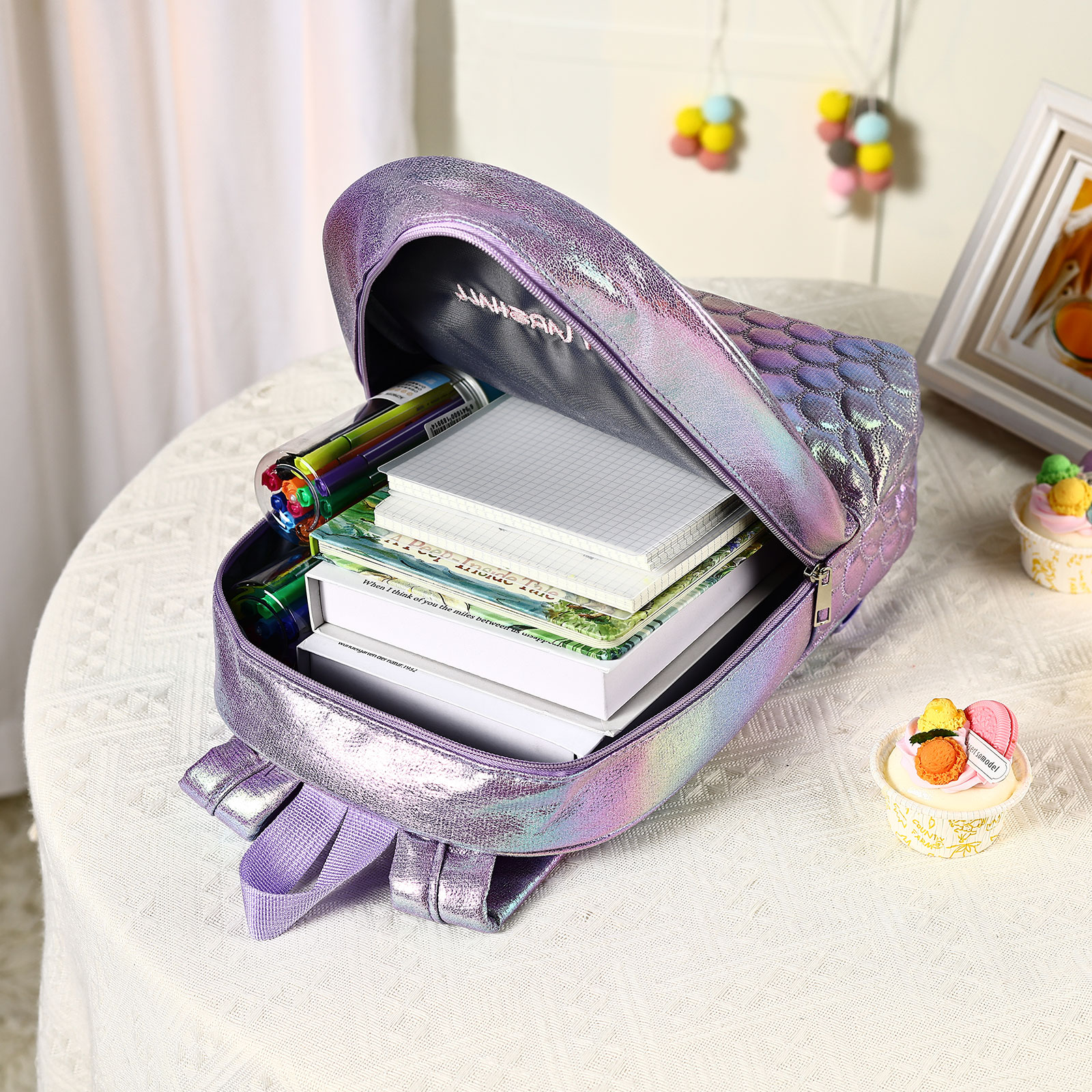 Personalized Embroidery Name Girls Holographic Quilted Pattern Fish Tail Decor Classic Backpack Gift for Kids