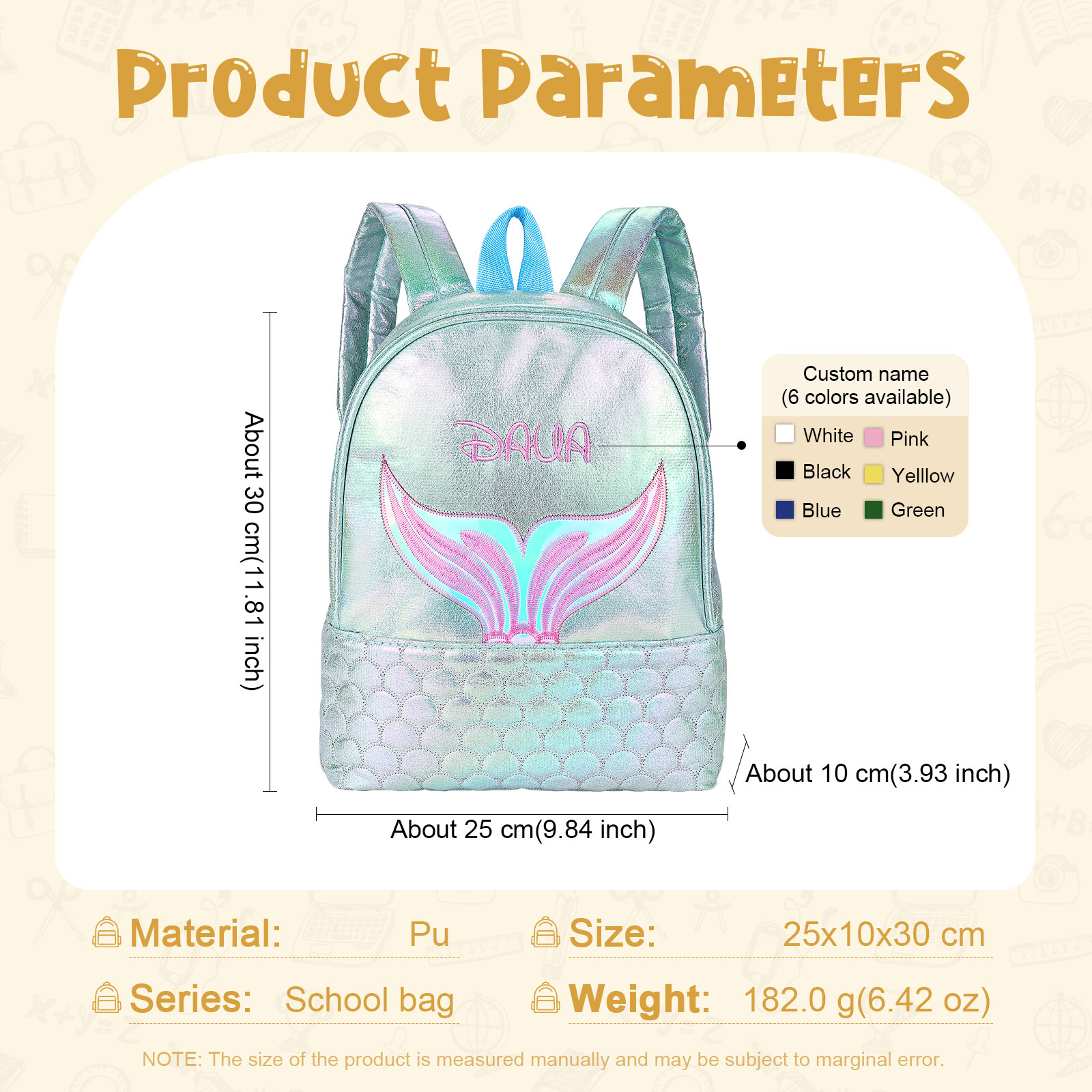 Personalized Embroidery Name Girls Holographic Quilted Pattern Fish Tail Decor Classic Backpack Gift for Kids