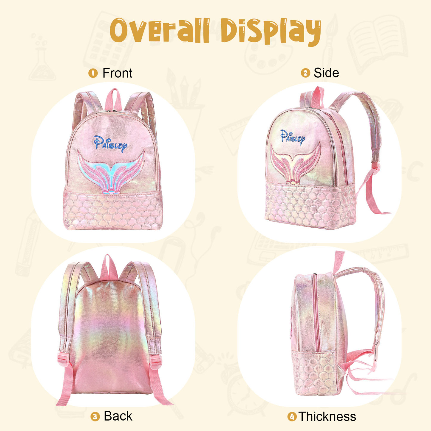 Personalized Embroidery Name Girls Holographic Quilted Pattern Fish Tail Decor Classic Backpack Gift for Kids
