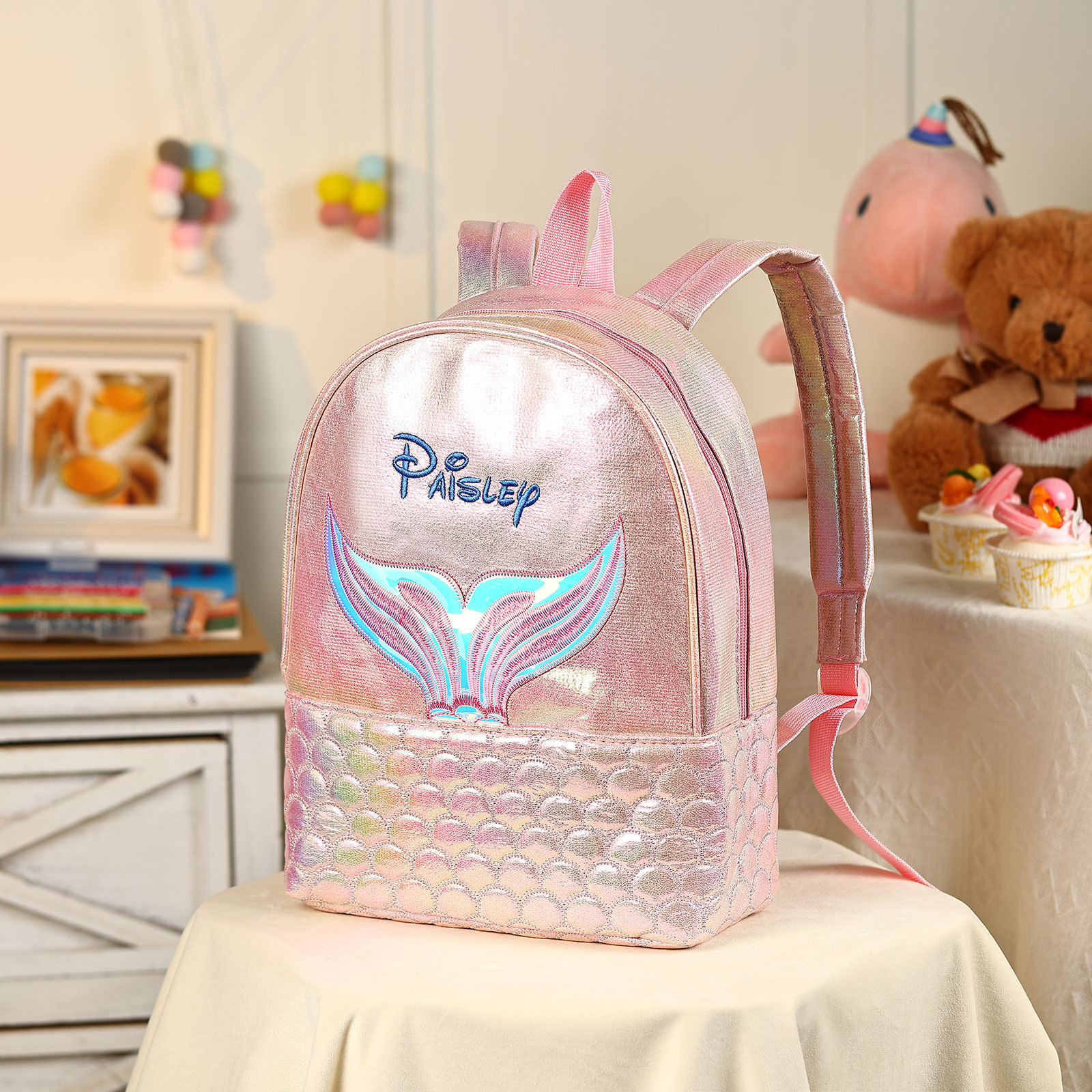 Personalized Embroidery Name Girls Holographic Quilted Pattern Fish Tail Decor Classic Backpack Gift for Kids