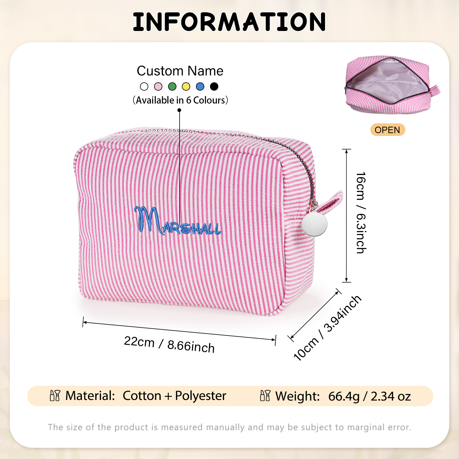 Striped Embroidered Cosmetic Case Personalized Name Makeup Bag Preppy Toiletry Pouch Seersucker Makeup Bag Bridal Sorority Gifts