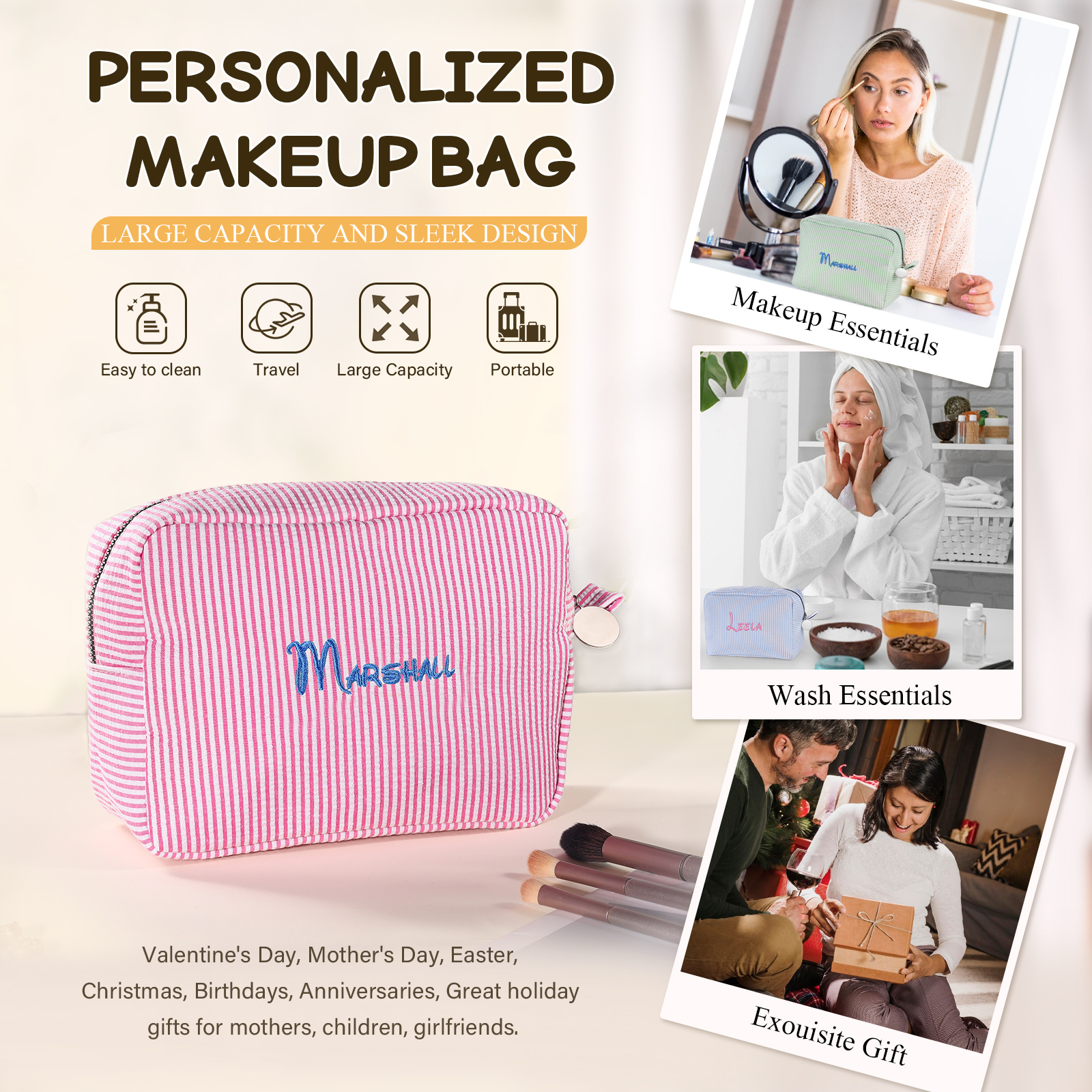 Striped Embroidered Cosmetic Case Personalized Name Makeup Bag Preppy Toiletry Pouch Seersucker Makeup Bag Bridal Sorority Gifts