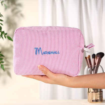 Striped Embroidered Cosmetic Case Personalized Name Makeup Bag Preppy Toiletry Pouch Seersucker Makeup Bag Bridal Sorority Gifts