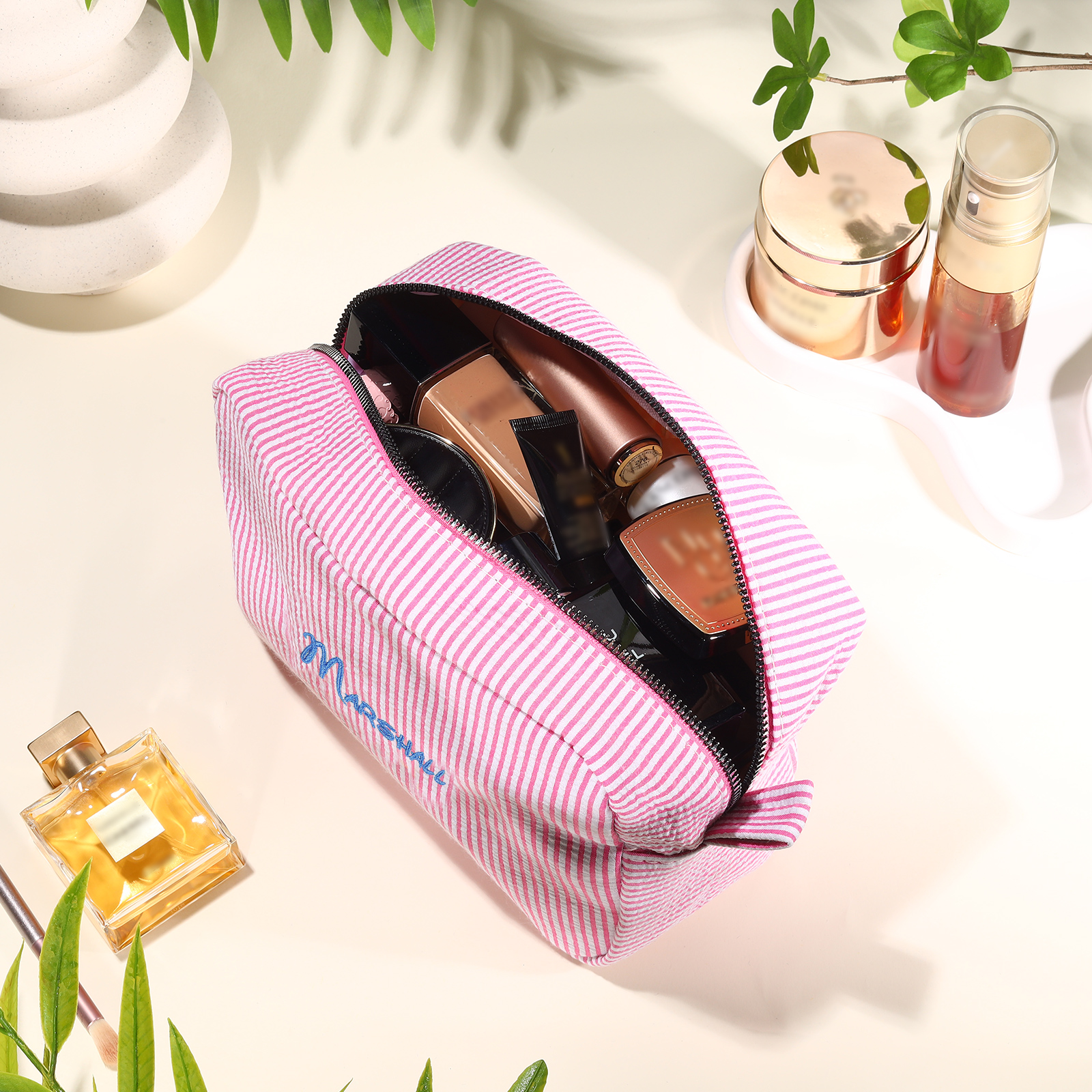 Striped Embroidered Cosmetic Case Personalized Name Makeup Bag Preppy Toiletry Pouch Seersucker Makeup Bag Bridal Sorority Gifts